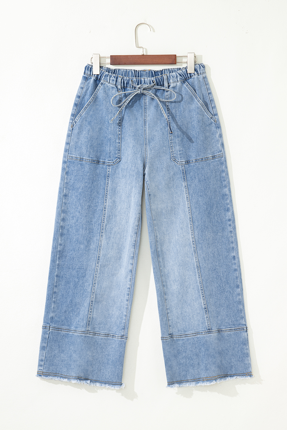 Beau Blue Drawstring Seam Detail Raw Hem Wide Leg Denim Pants