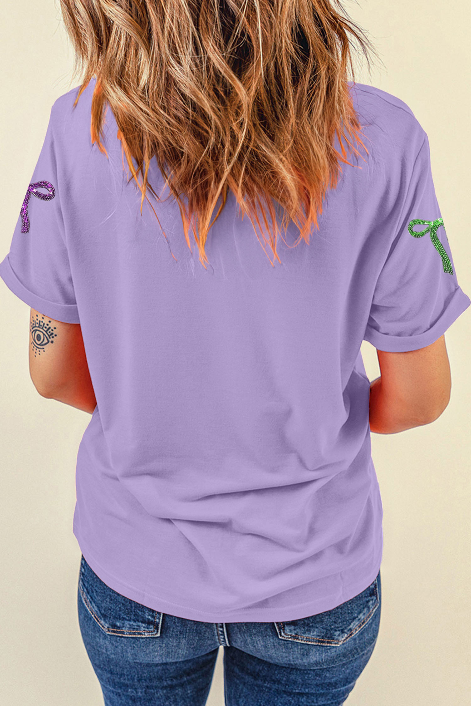 Wisteria Mardi Gras Sequin Bow Crew Neck T Shirt