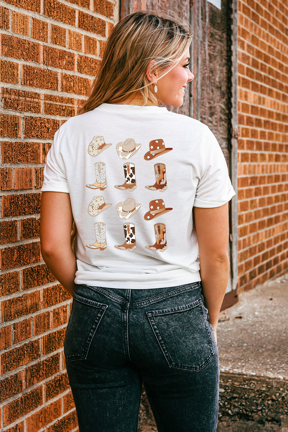 White Western Cowboy Boots Print Round Neck T Shirt