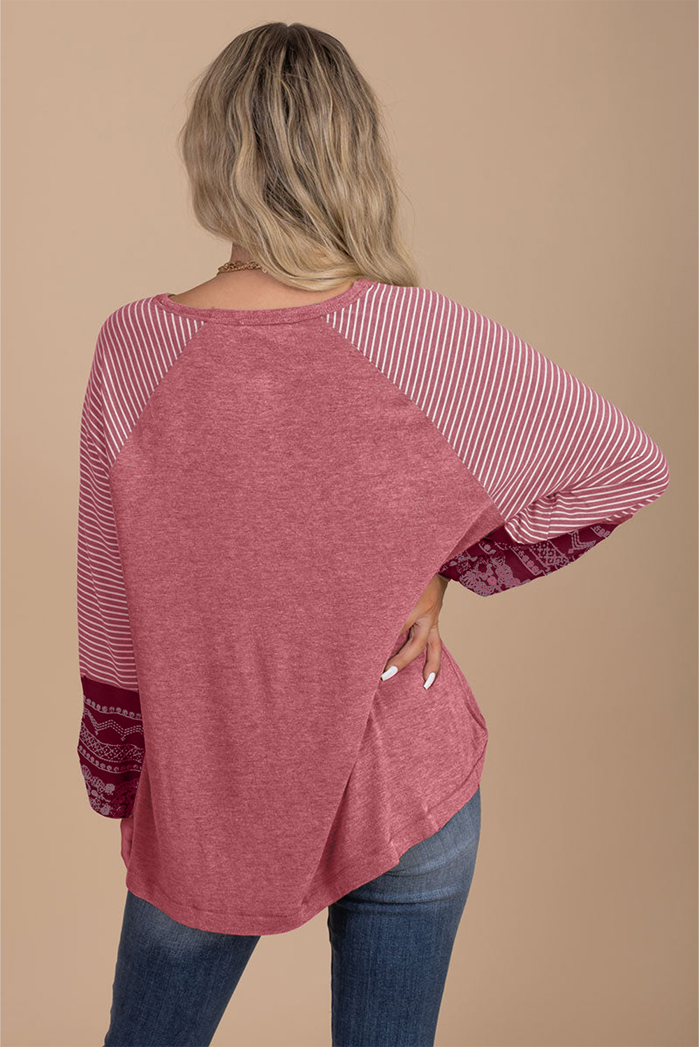 Tillandsia Purple Contrast Print Striped Raglan Long Sleeve Loose Top