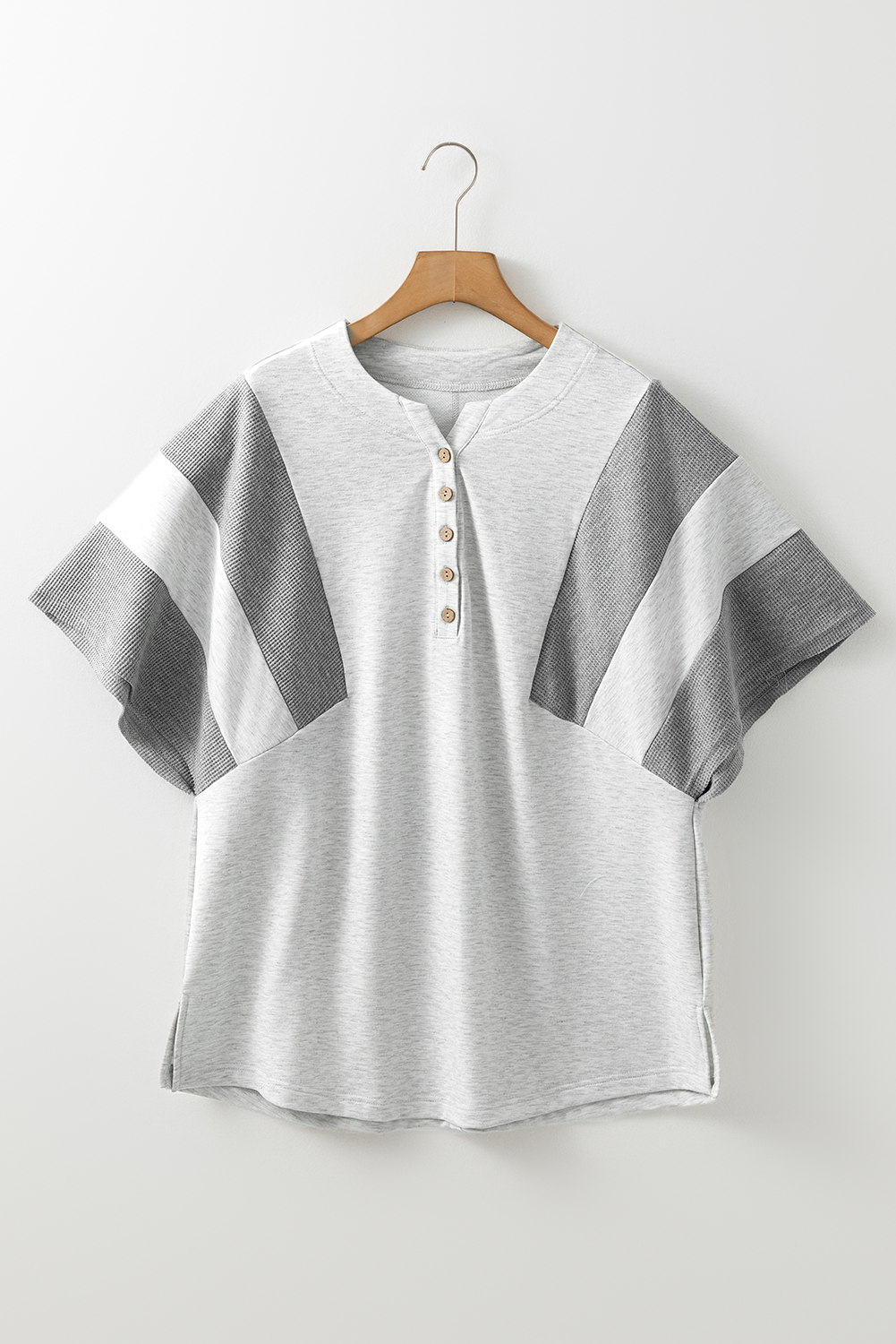 Dearlovers Light Grey Two Tone Contrast Waffle Knit Patched Buttoned V Neck Top