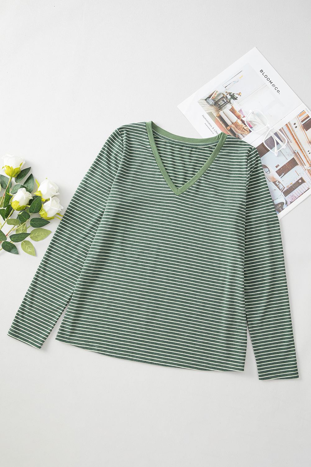 Green Stripe V Neck Stretchy Long Sleeve Top