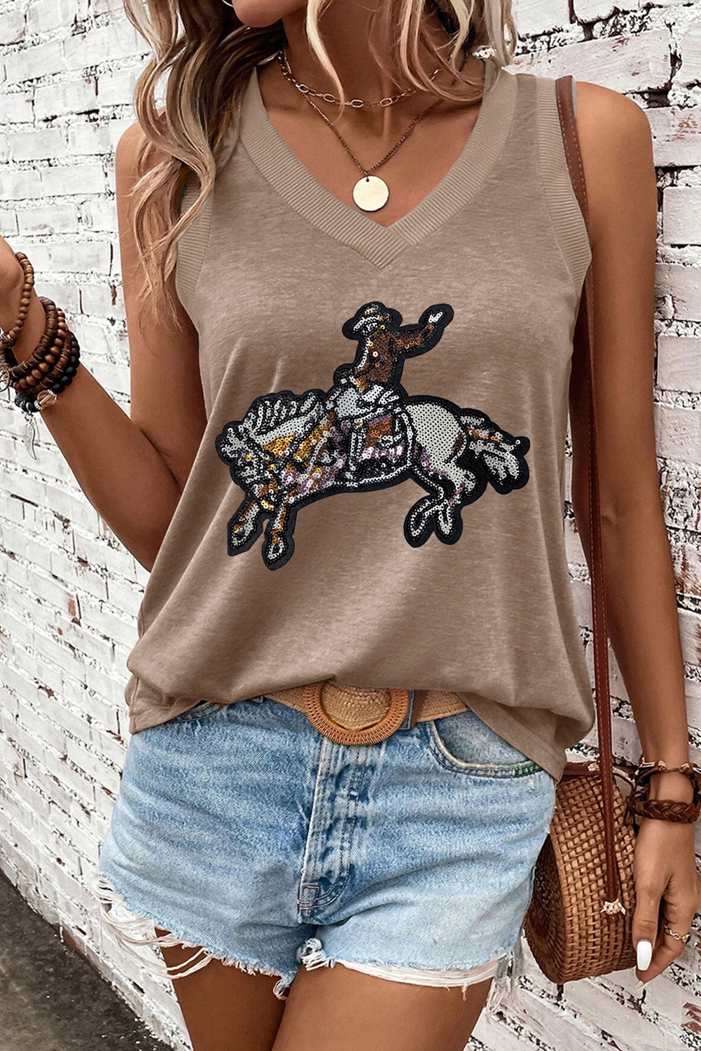 Simply Taupe Sequined Rodeo Graphic Western Fashion Tank Top