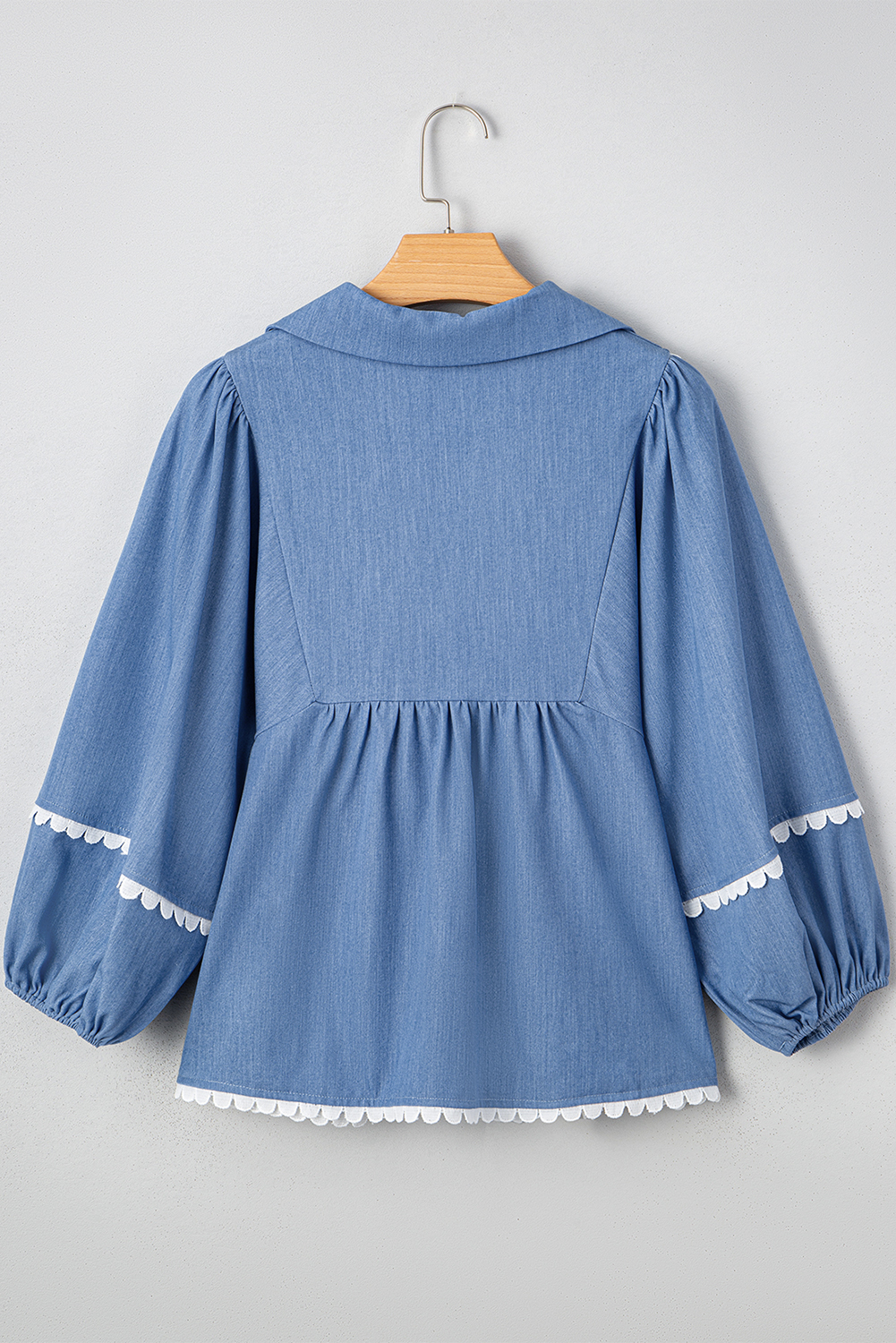 Dusk Blue Lace Ric Rac 3/4 Puff Sleeve Collared Babydoll Blouse