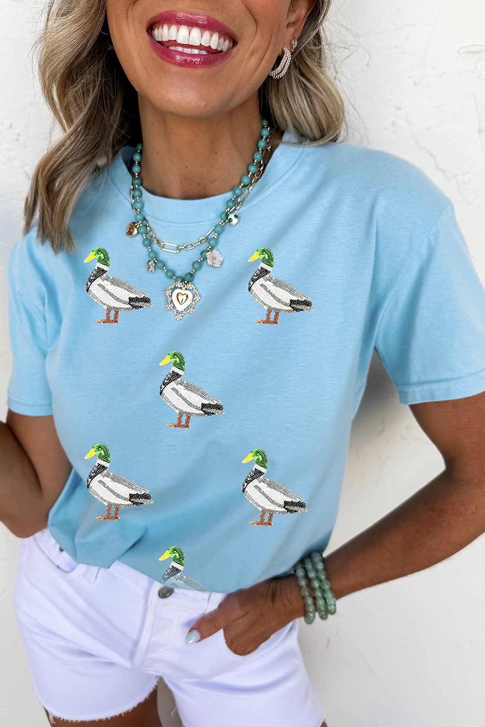 Light Blue Sequin Mallard Graphic Womens Casual Tee