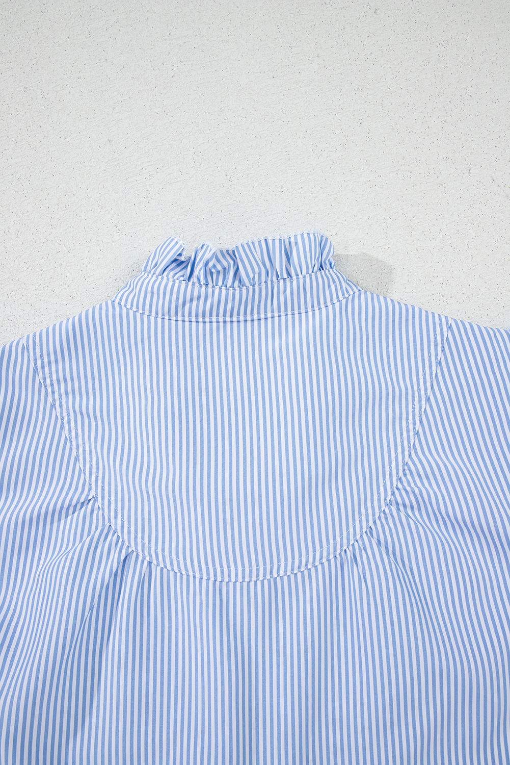 Sky Blue Stripe Ruffled Collar Puff Sleeve Half Buttons Blouse