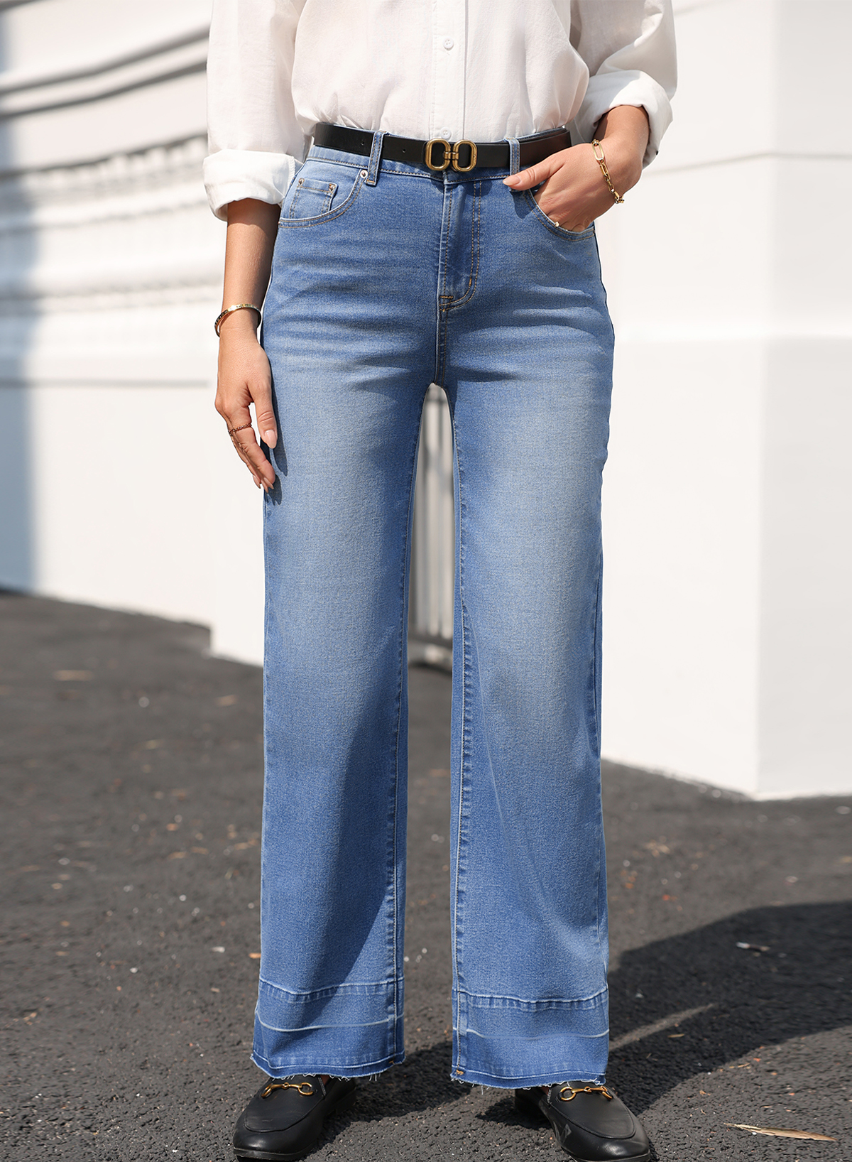 Real Teal Raw Hem Unique Cuffs Straight High Rise Loose Jeans