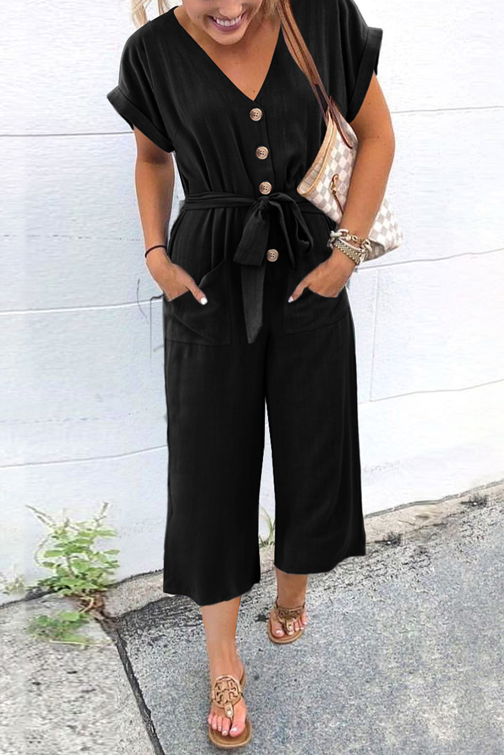 Black Dolman Button Belted V Neck Wide Leg Pocketed Jumpsuit