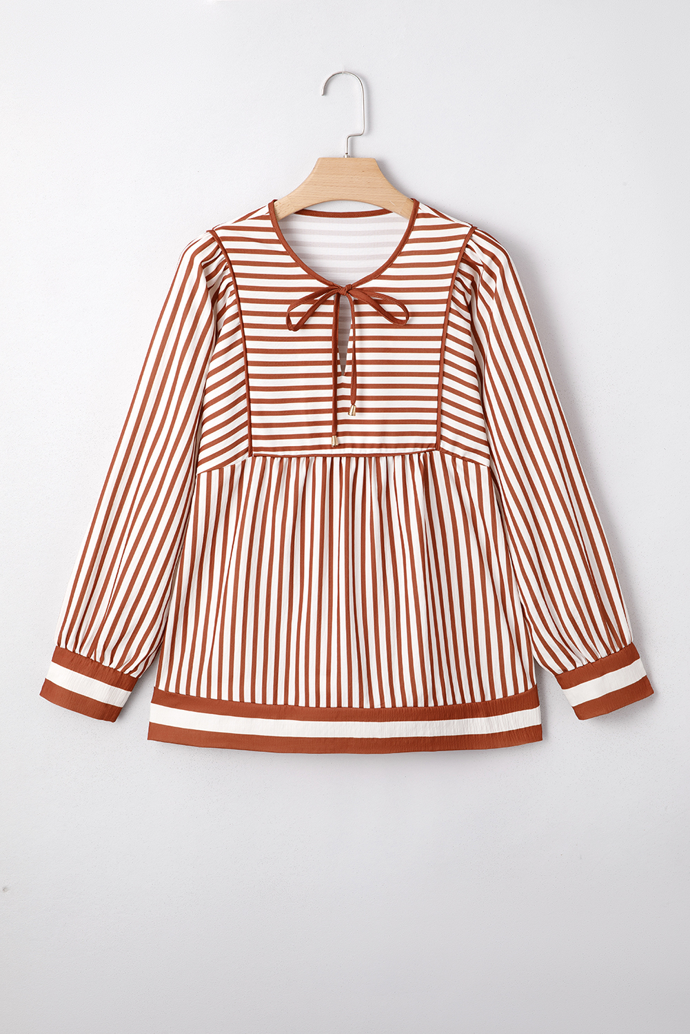 Brown Stripe Babydoll Long Sleeve Blouse