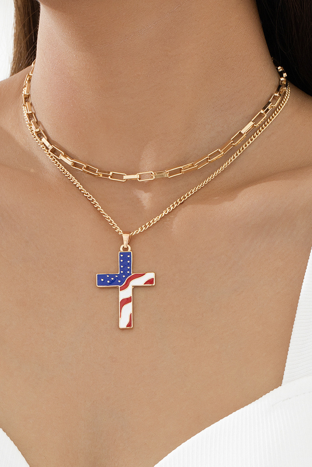 Gold Plated Double Chain Stars and Stripes Cross Pendent Necklace