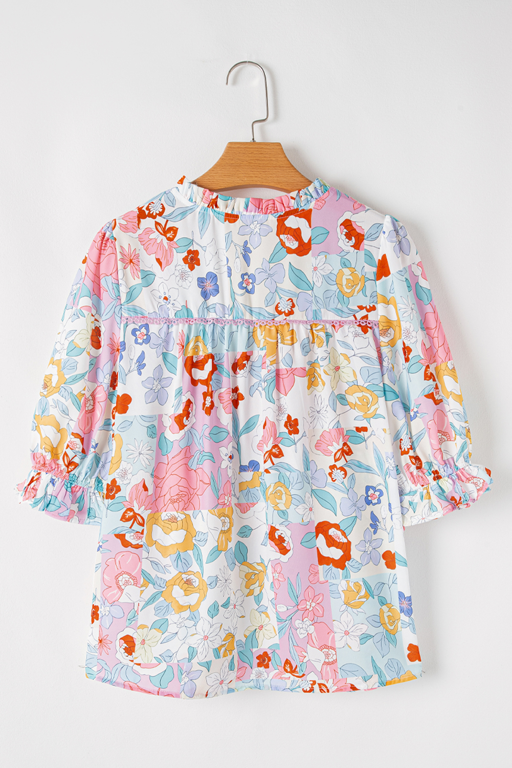 Pink Boho Flower Print Half Puff Sleeve Blouse