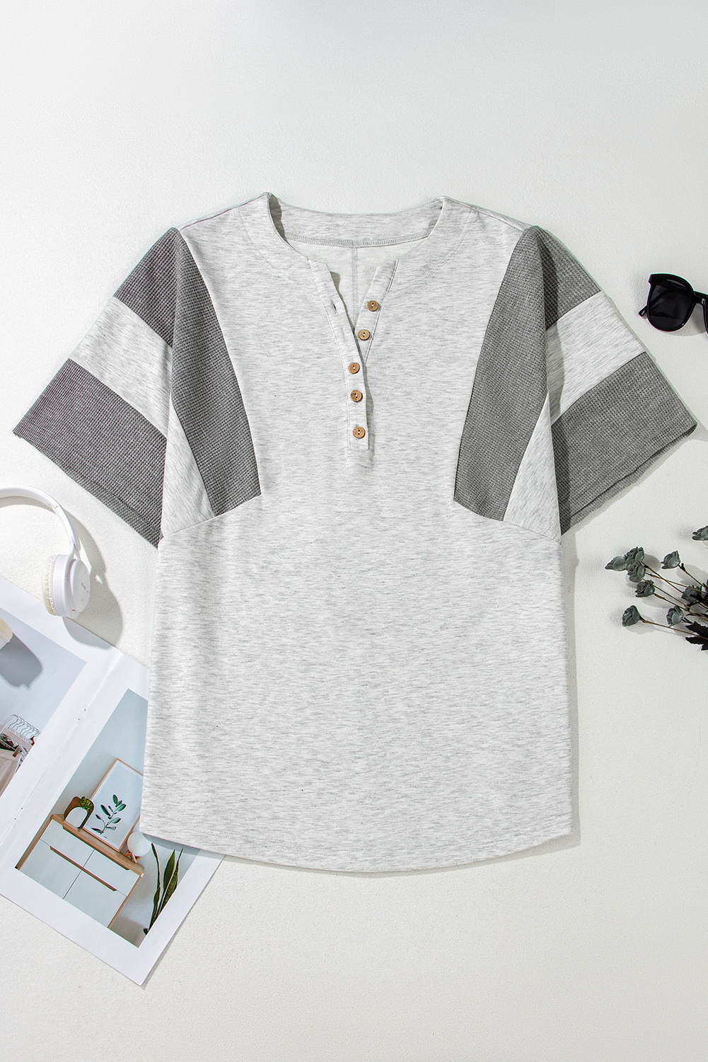 Dearlovers Light Grey Two Tone Contrast Waffle Knit Patched Buttoned V Neck Top
