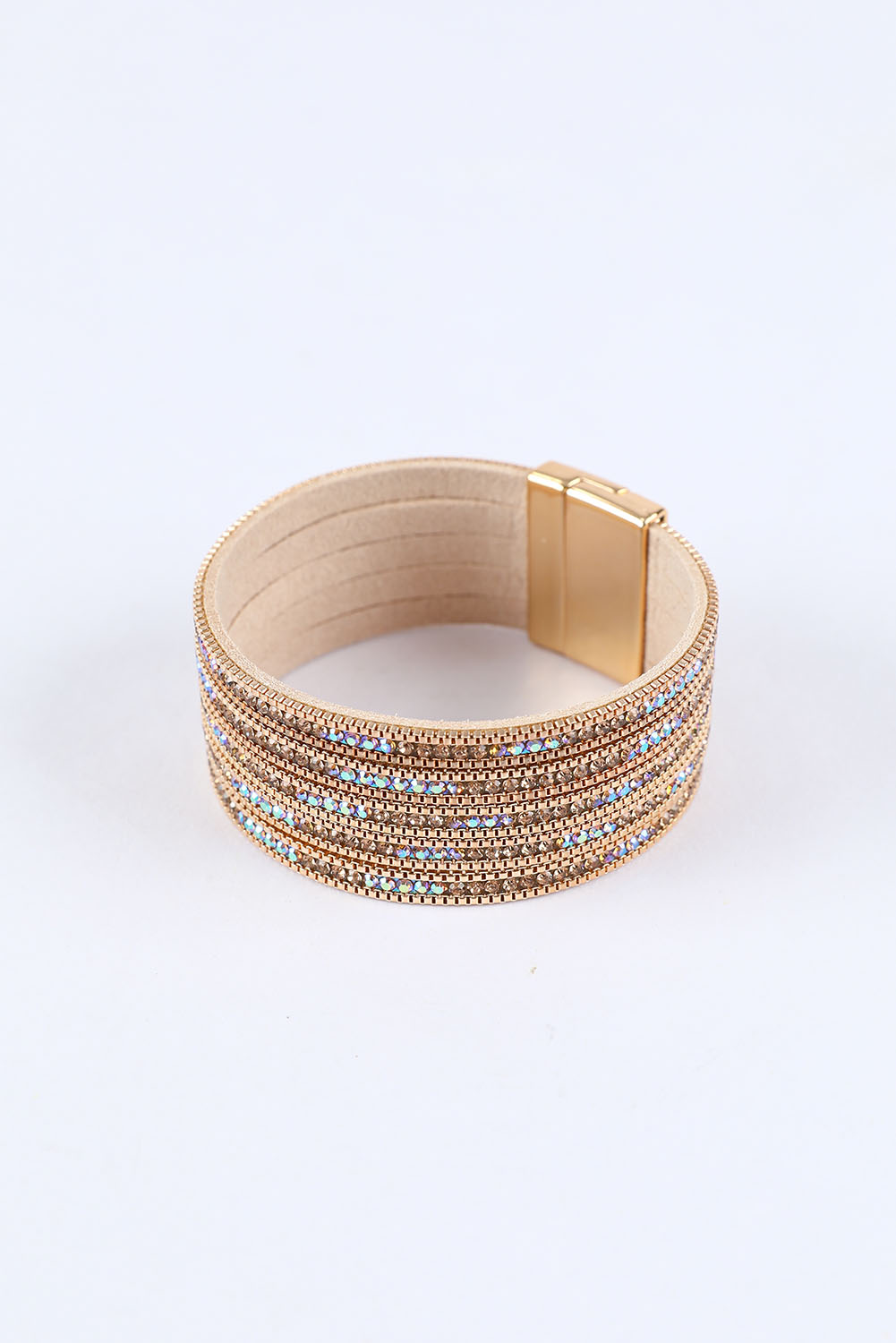 Gold Full Diamond Leather Wide Plated Magnetic Buckle Bracelet