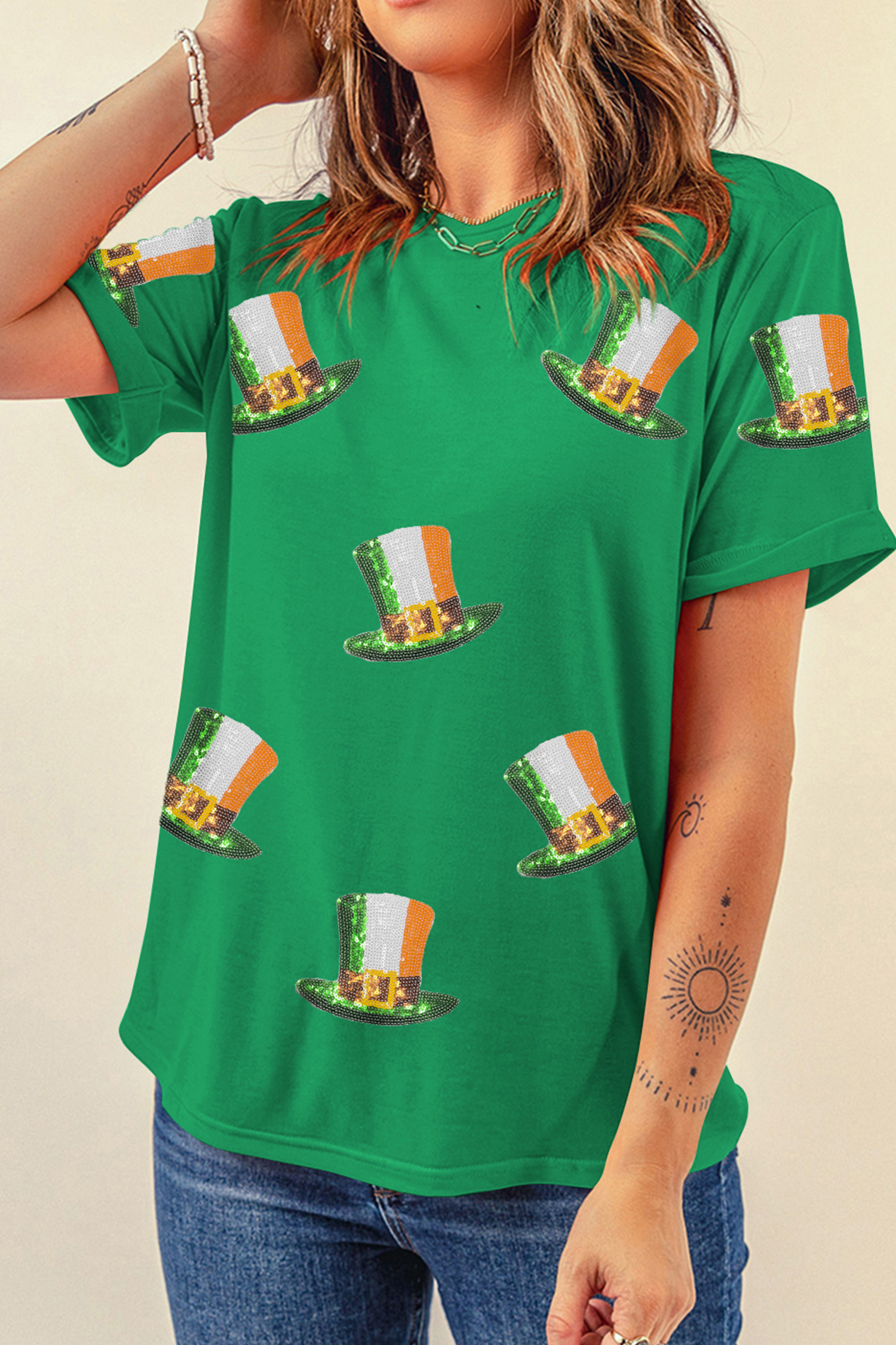 Bright Green Sequin St Patricks Day Hat Relaxed T Shirt