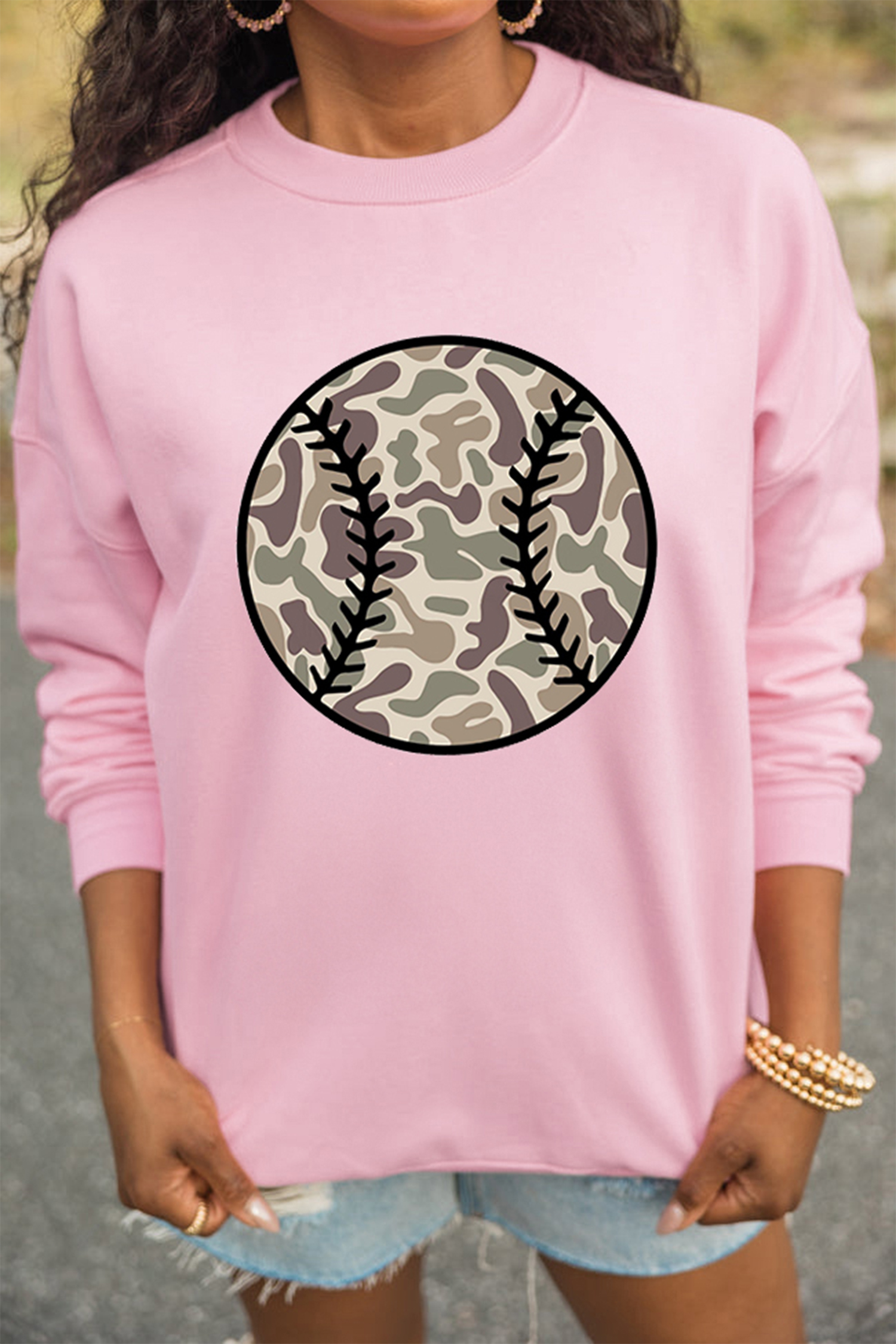 Pink Camouflage Baseball Dropped Shoulder Sweatshirt
