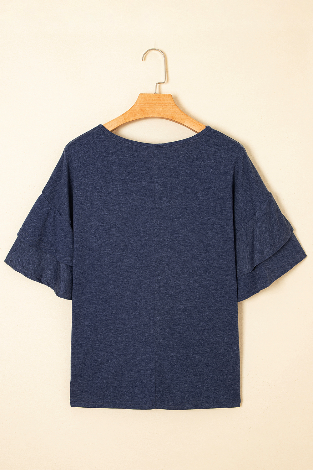 Sail Blue Solid Colour V-Neck Double Layer Sleeve Loose T-Shirt