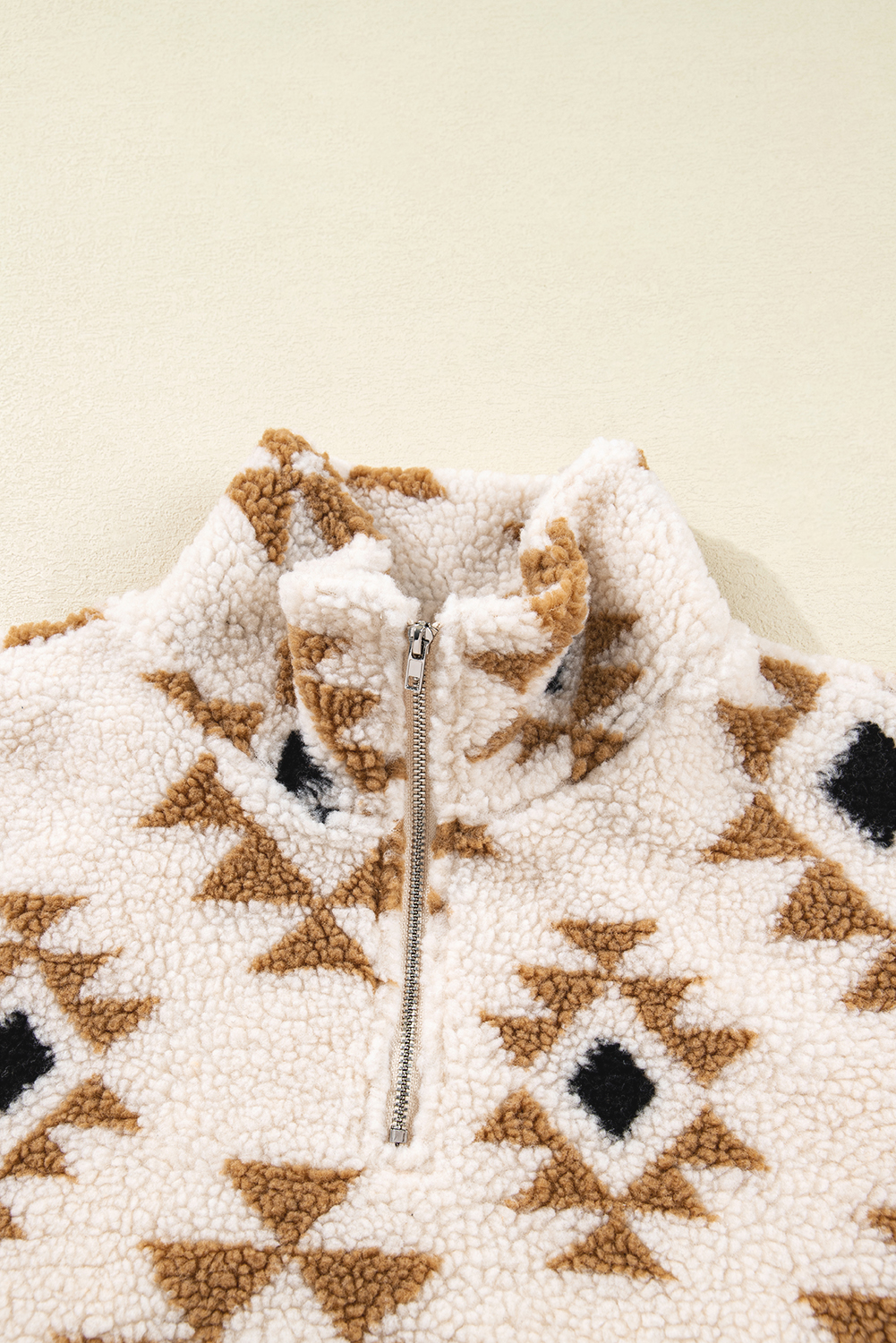 Khaki Aztec Print Sherpa Quarter Zip Collar Sweatshirt