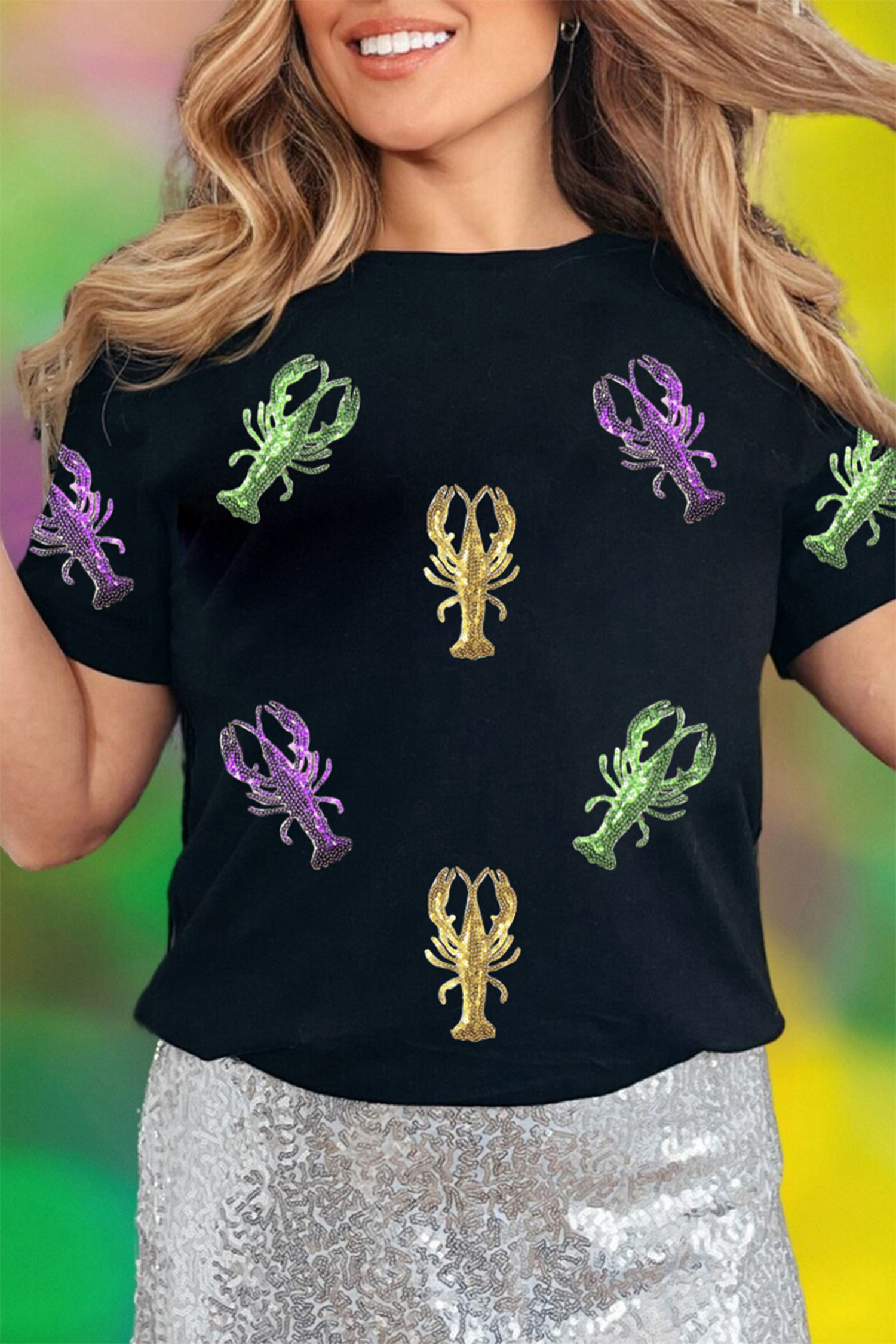 Black Lobster Patched Pattern Festive T Shirt
