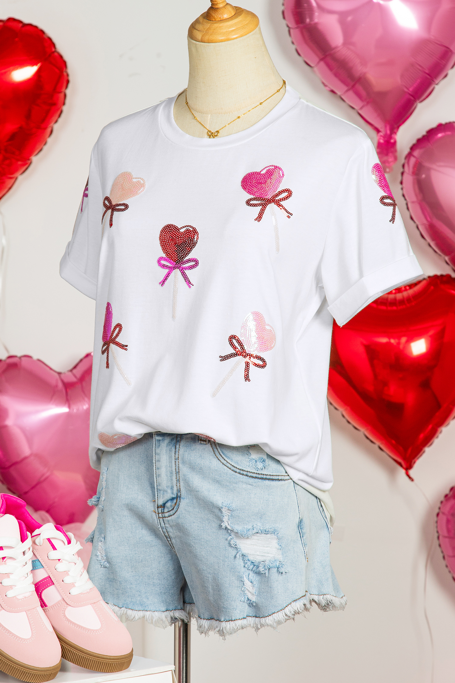 White Sequin Bow Heart Shape Lolly Valentines Day Graphic Tee