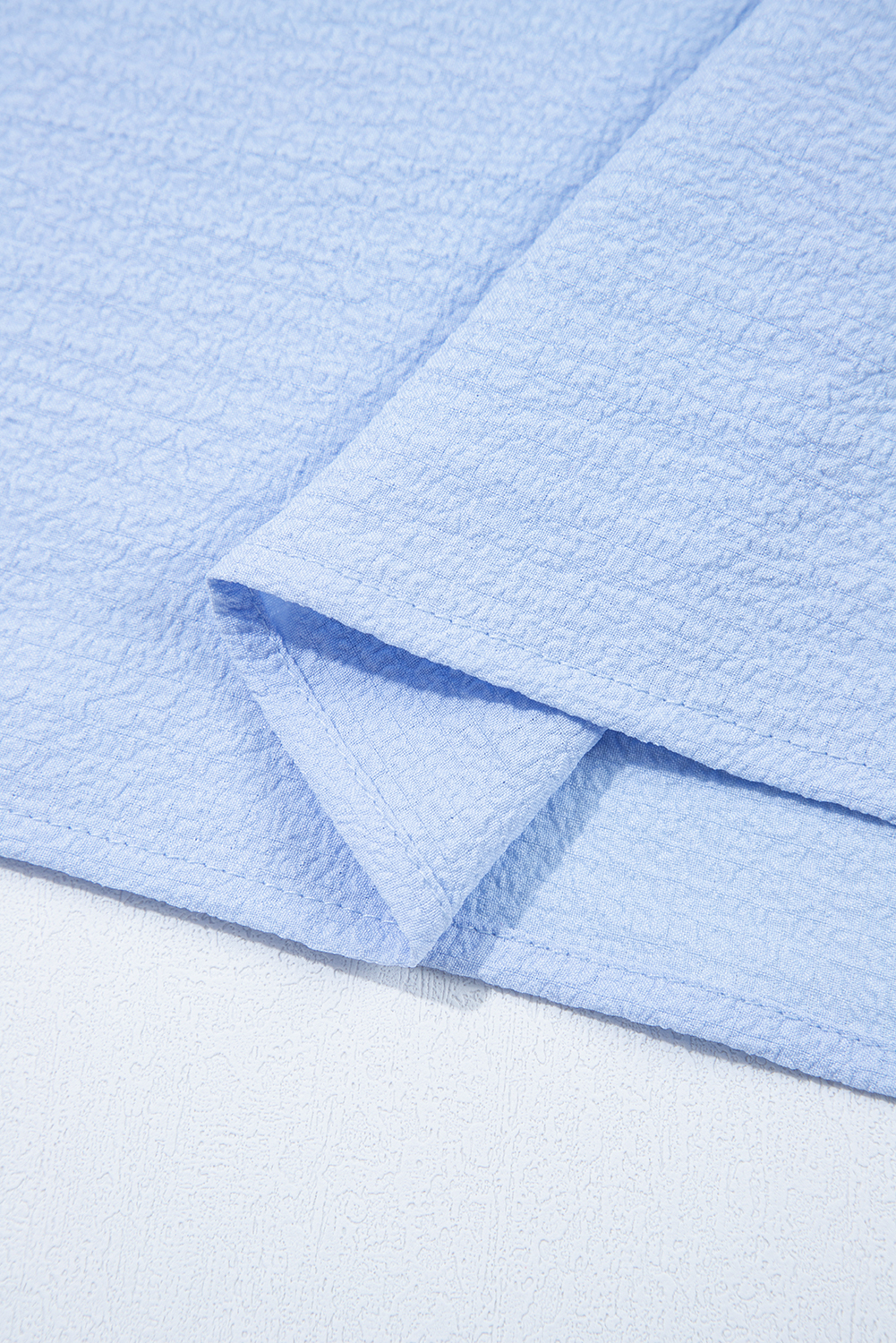 Beau Blue Textured Bow Knot Frilled Butterfly Sleeve Blouse