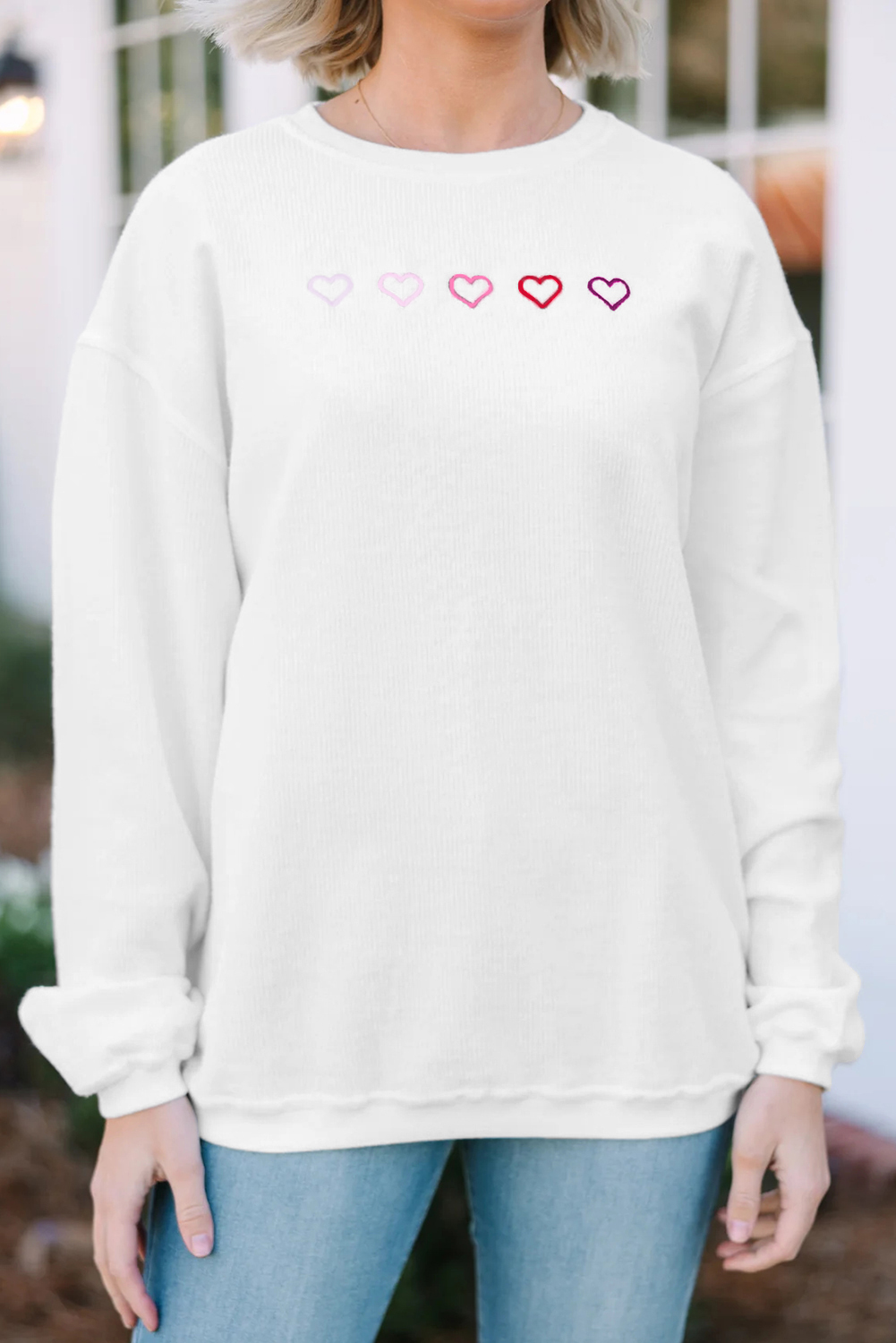 White 3d Ribbed XOXO Heart Embroidered Drop Shoulder Sweatshirt