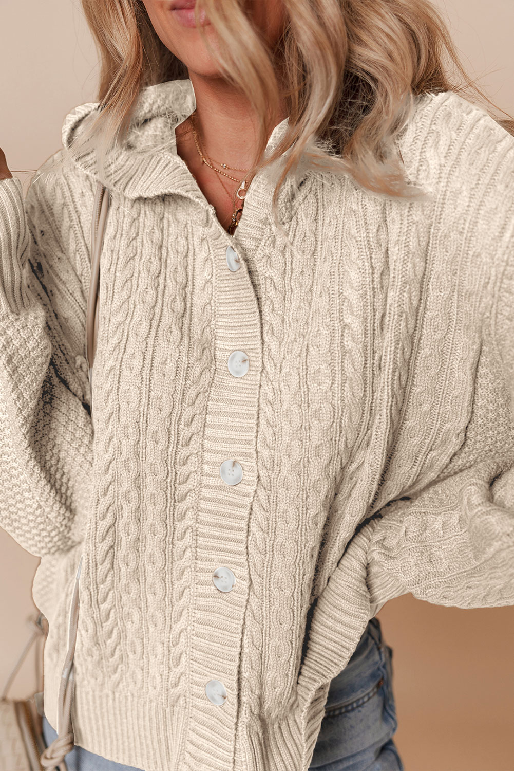 White Cable Knit Texture Uneven Hem Hooded Chic Cardigan