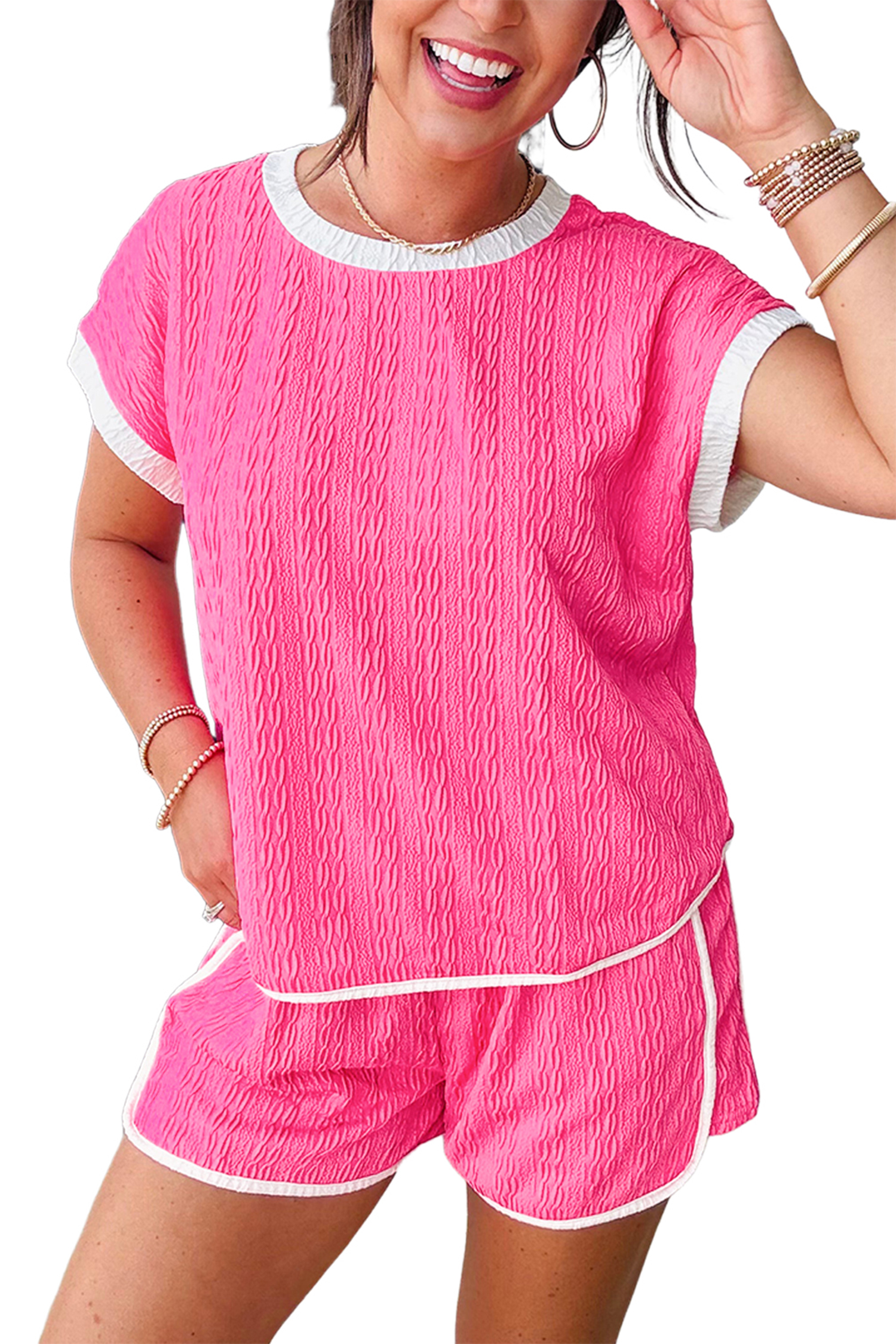 Bright Pink Textured Color Block Trim Loose Tee Drawstring Shorts 2pcs Set