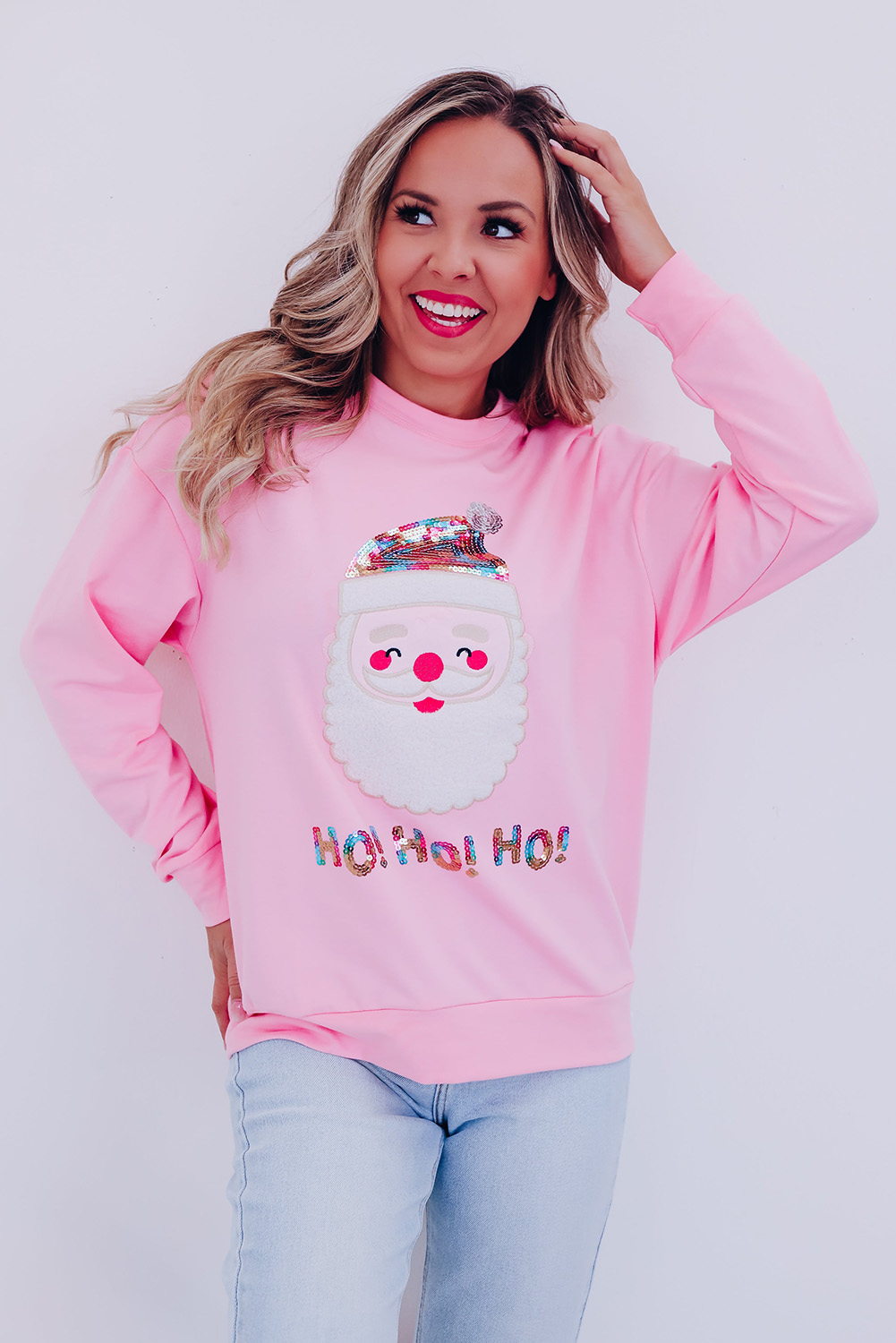 Fiery Red Santa Claus Sequin Graphic Sweatshirt