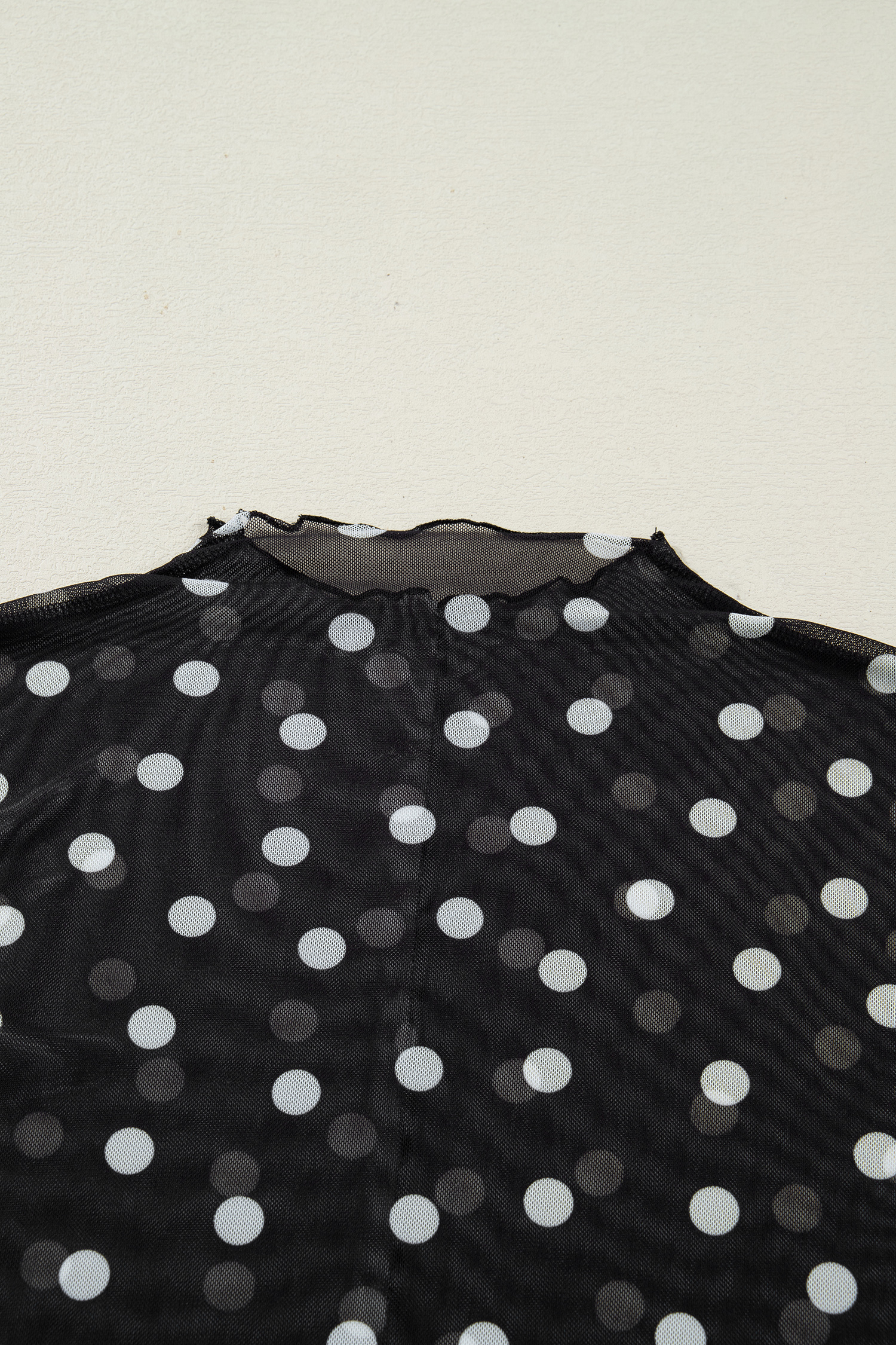 Black Polka Dot Patterned Bodycon Mock Neck Mesh Long Sleeve Top