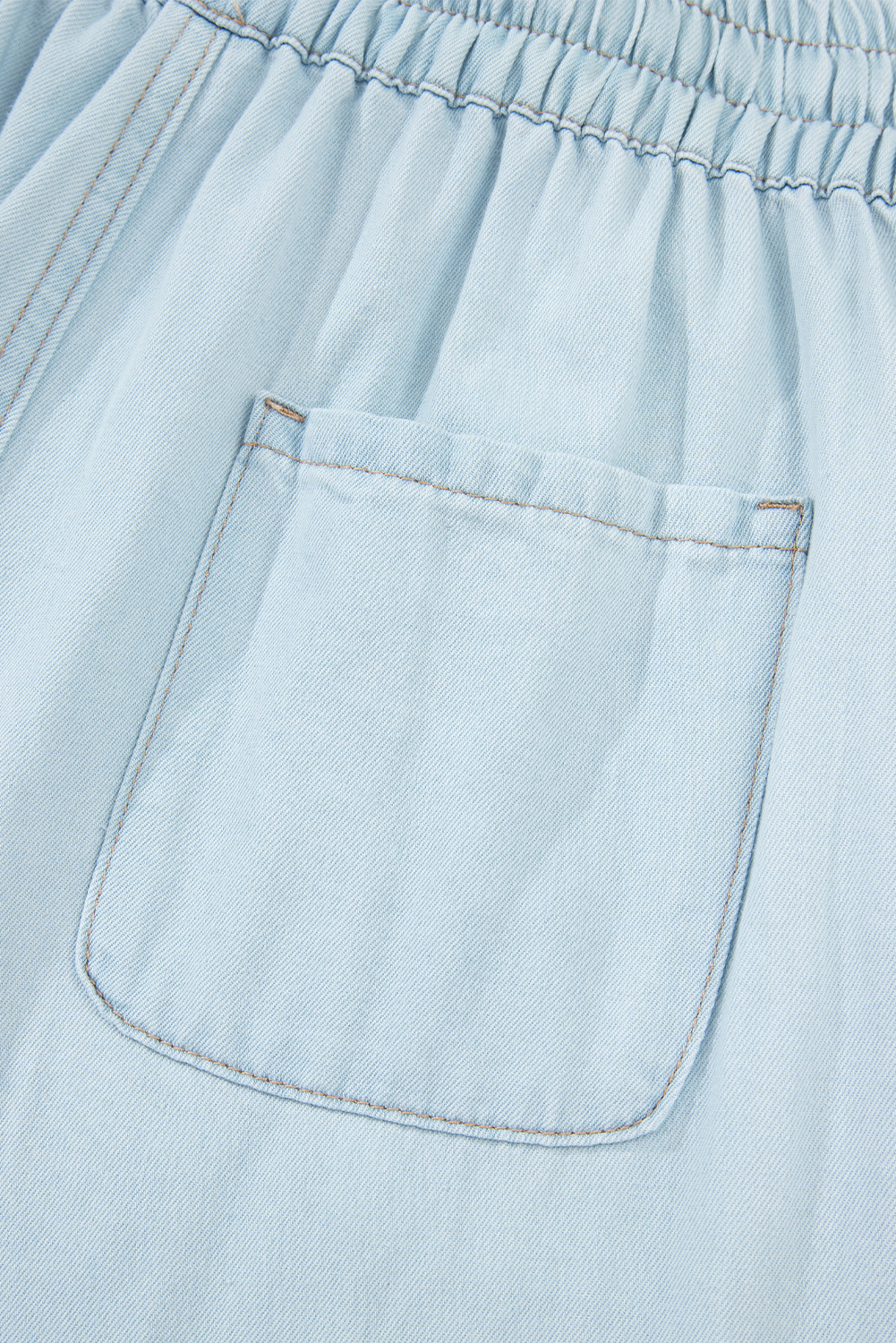 Beau Blue Light Wash Contrast Trim Center Seam Drawstring Elastic Waistband Wide Leg Denim Pants