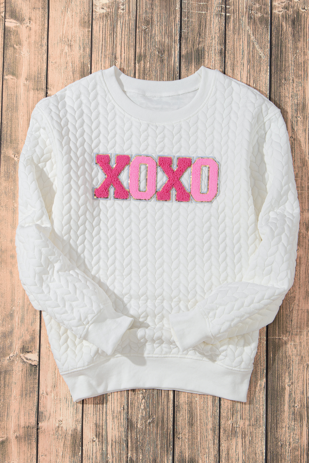 White LOVE Chenille Embroidered Cable Knit Pullover Sweatshirt
