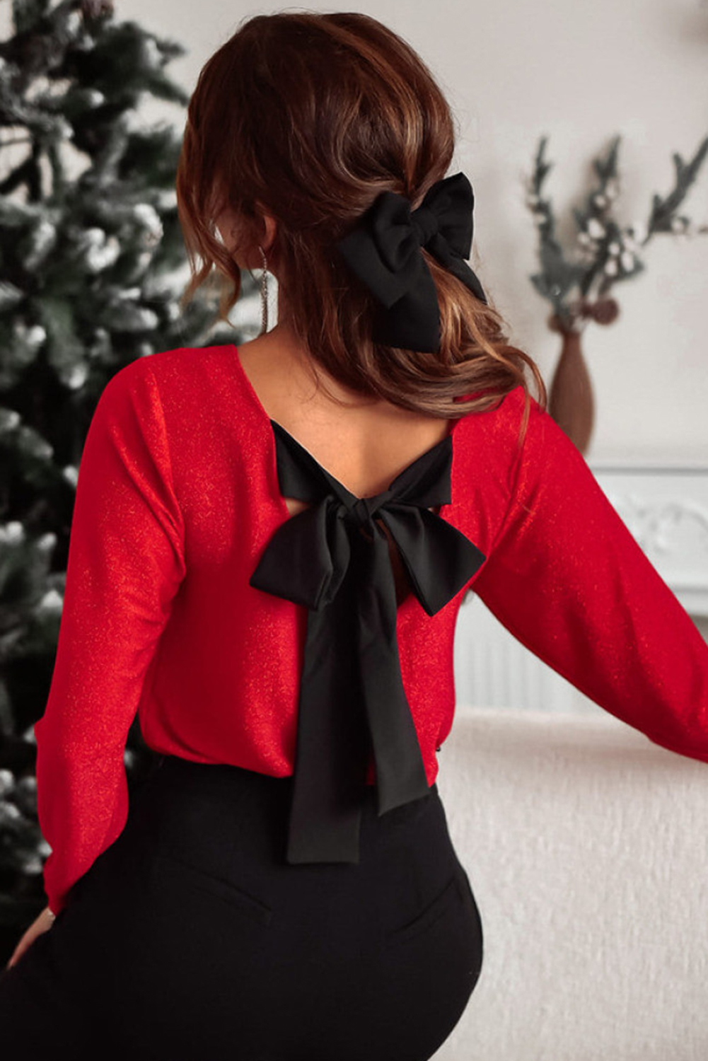Red Metallic Bowknot Open Back V Neck Top
