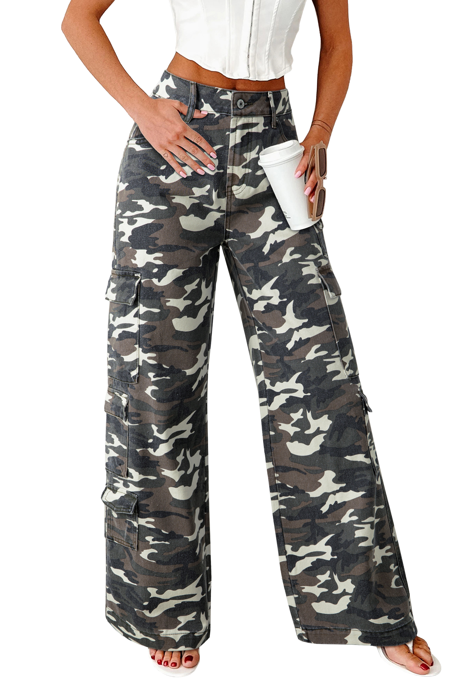 Green Camo Denim Cargo Wide Leg Pants