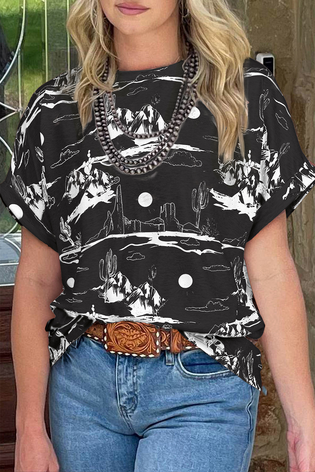 Black Desert Sand Print Short Sleeve Knit Top