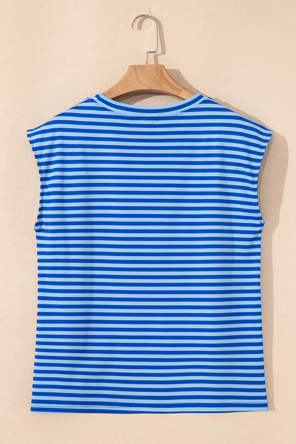 Sky Blue Stripe Ribbed Cap Sleeve Round Neck T Shirt