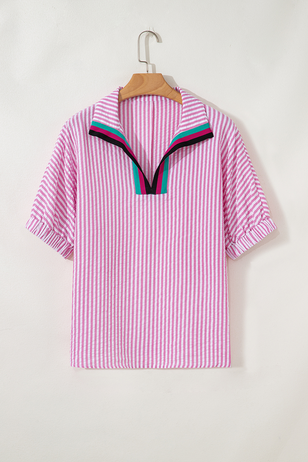 Sachet Pink Striped Print Contrast Split Neck Dolman Sleeve Blouse