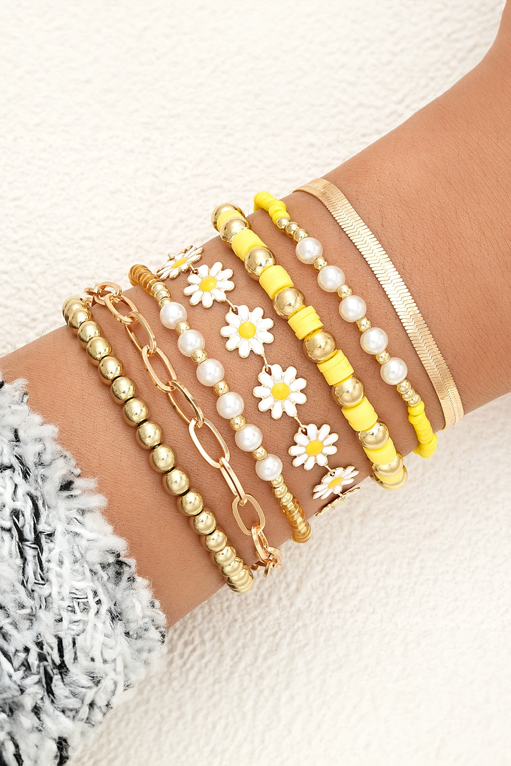 Gold Daisy Beaded Chain Adjustable Multi Layer Bracelet Set