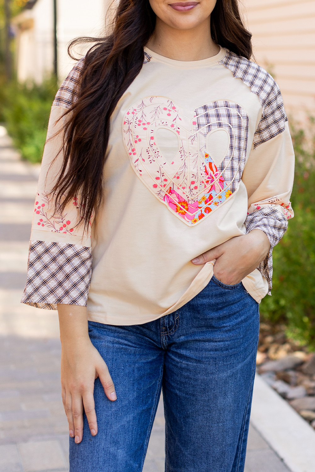 Beige Flower Patch Graphic Exposed Seam Wide Sleeve Top