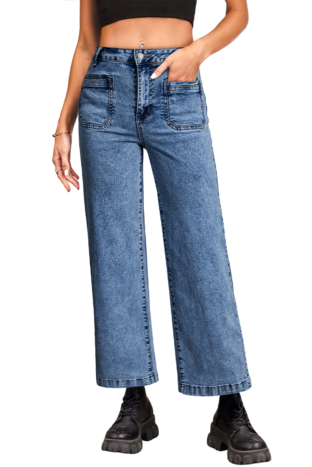 Light Blue Chic Patch Pocket Straight Leg Loose Jeans