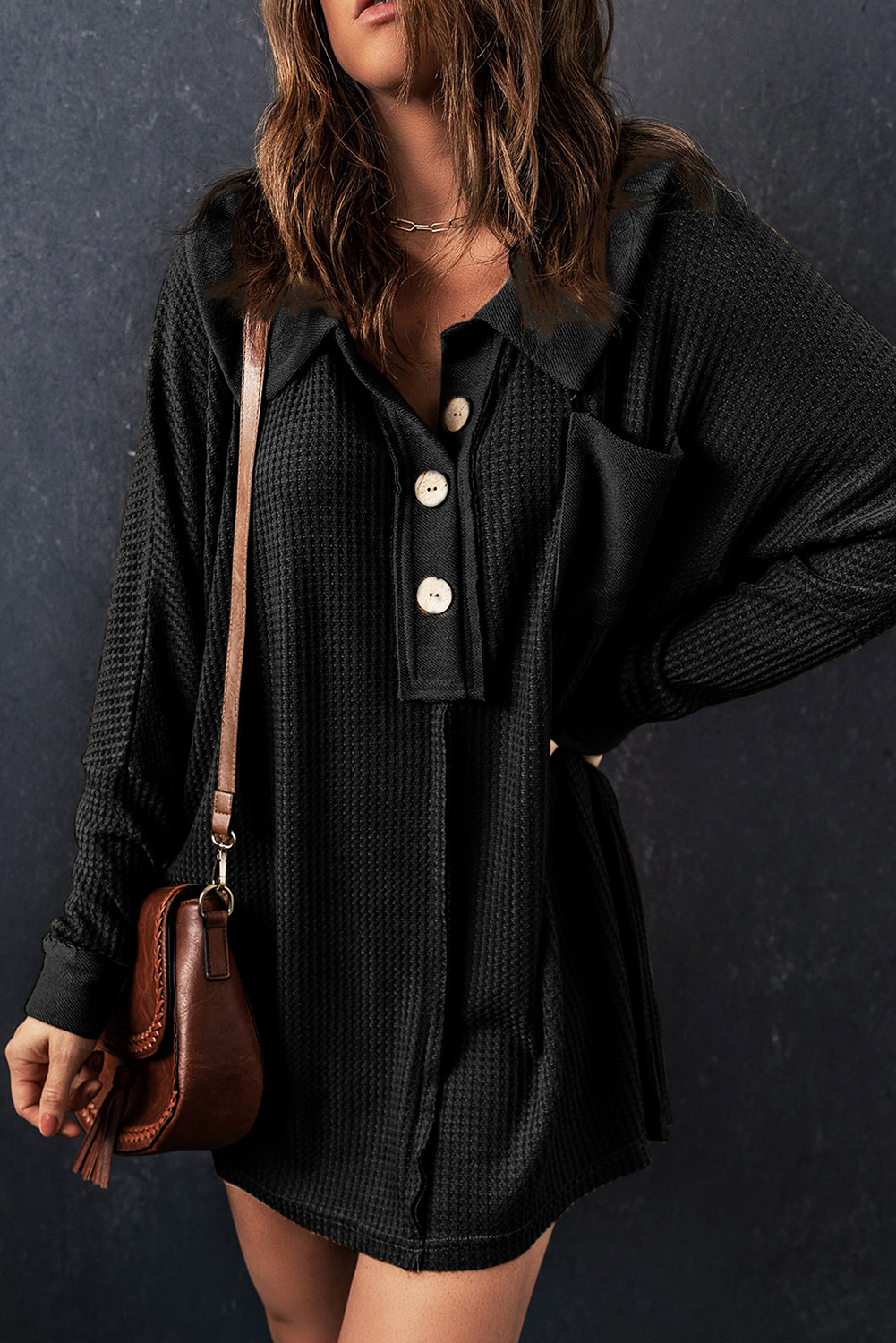 Brown Waffle Knit Buttoned Long Sleeve Top
