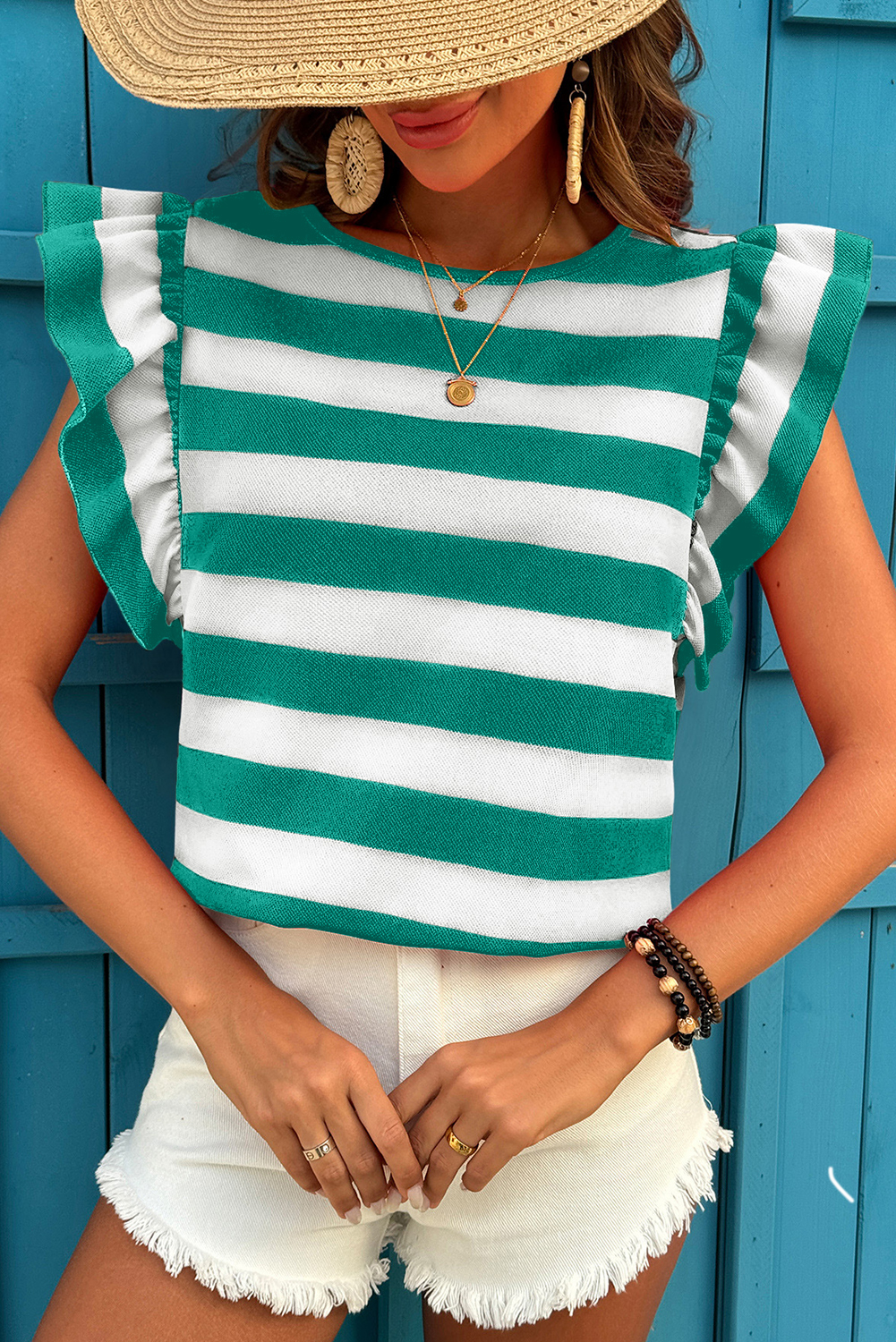 Green Stripe Flutter Sleeve Round Neck Shift Dress