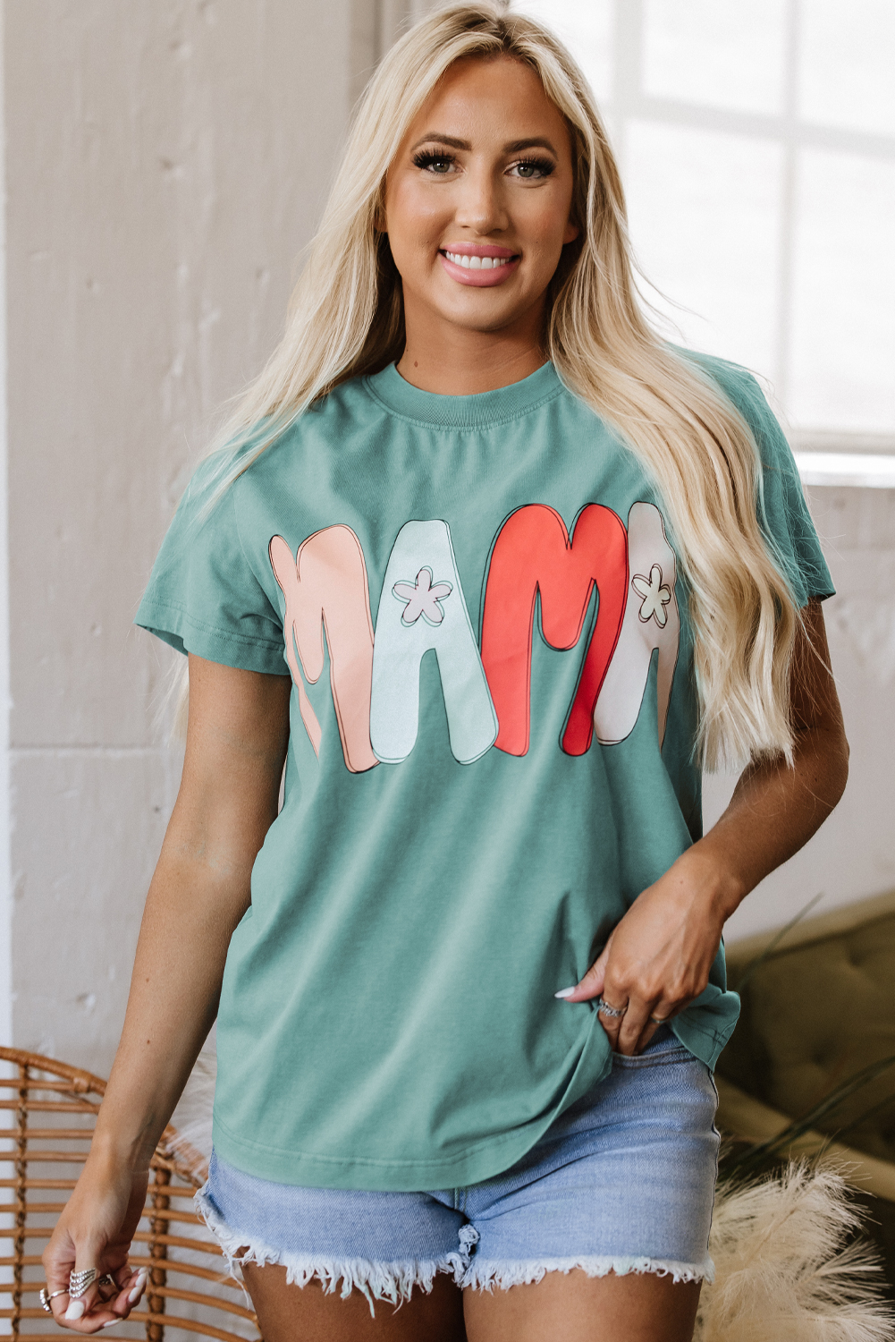 Sea Green MAMA Printed Mineral Wash Crewneck T Shirt