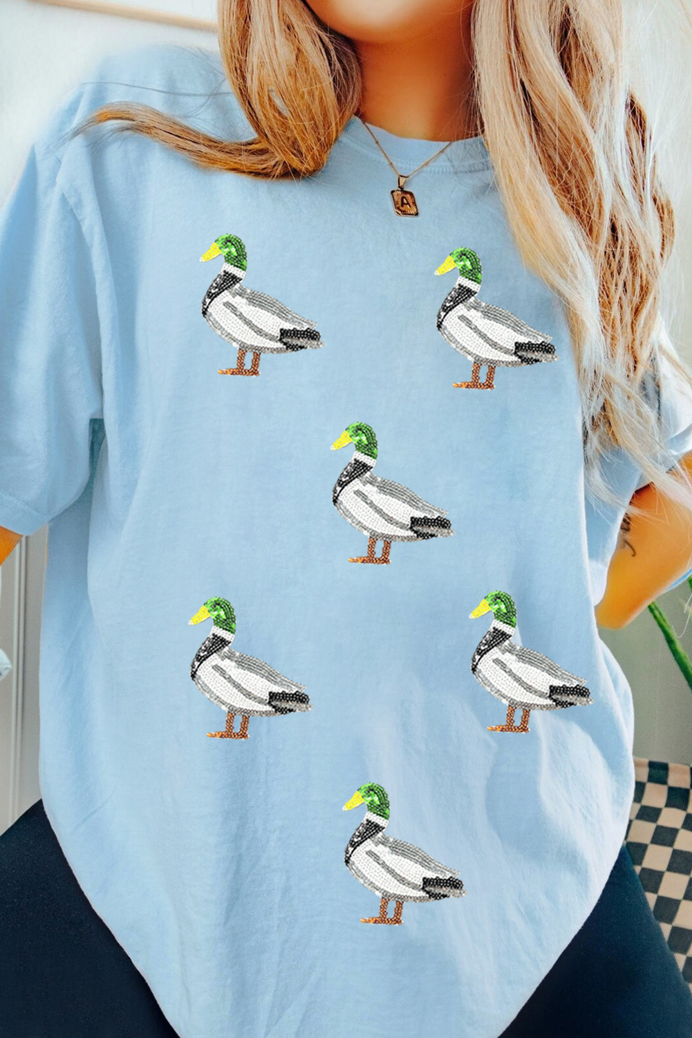 Light Blue Sequin Mallard Graphic Womens Casual Tee