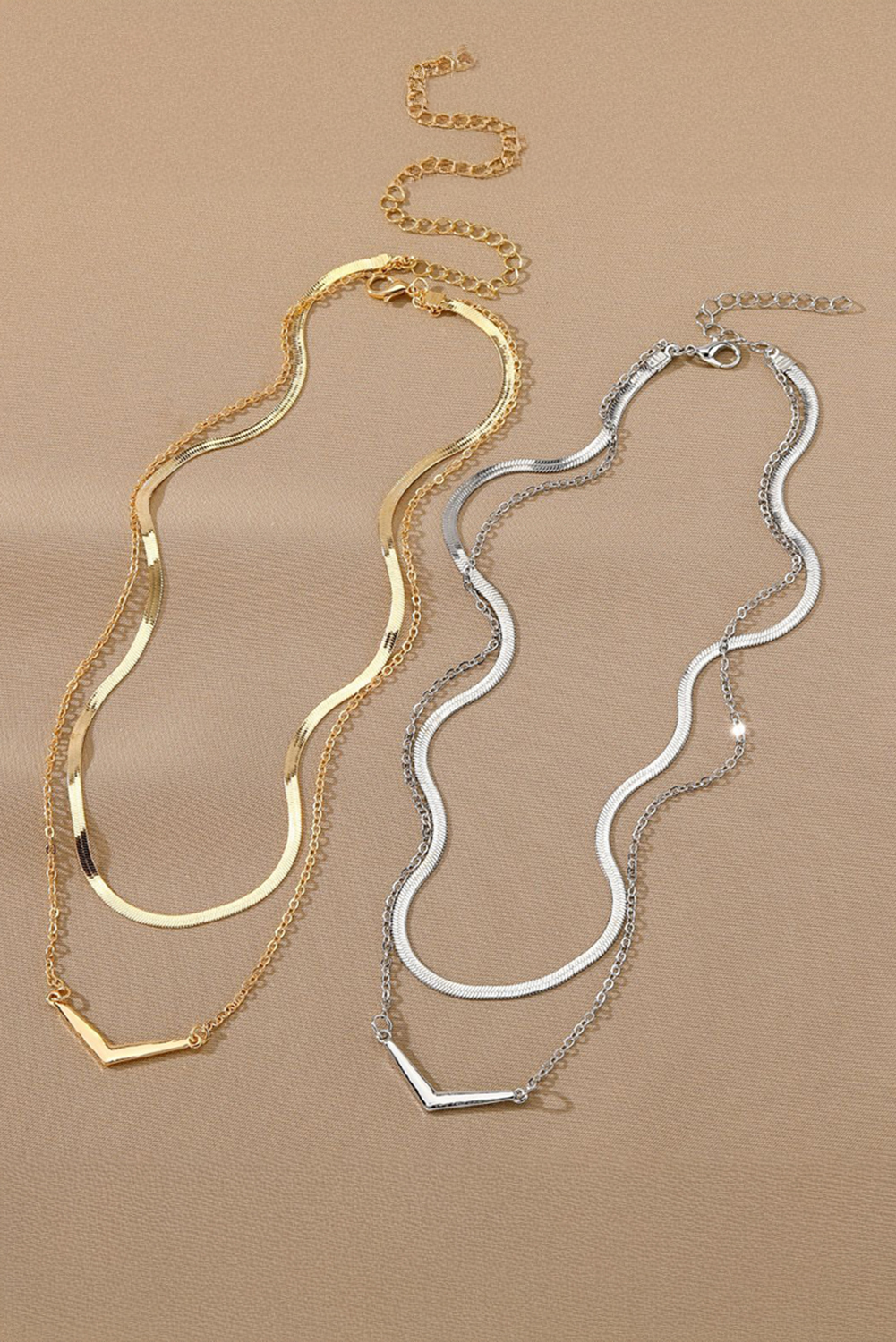 Gold V-shape Pendant Snake Bone Chain Double Layer Necklace