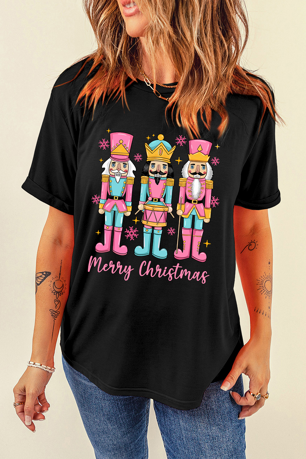 Black Merry Christmas Nutcracker Doll Printed T Shirt