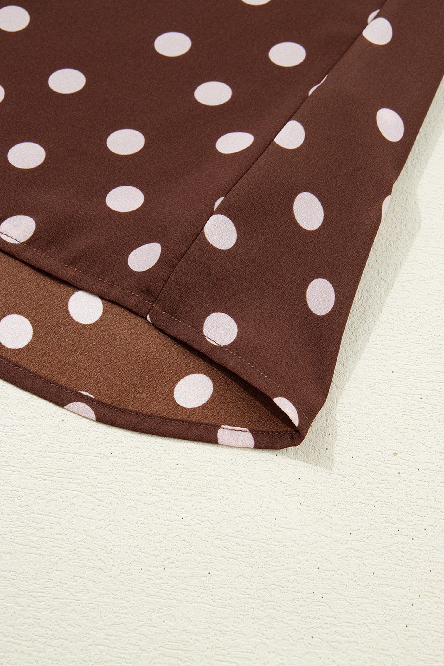 Coffee Polka Dot Print Ruffle Trim V Neck Long Bell Sleeve Blouse