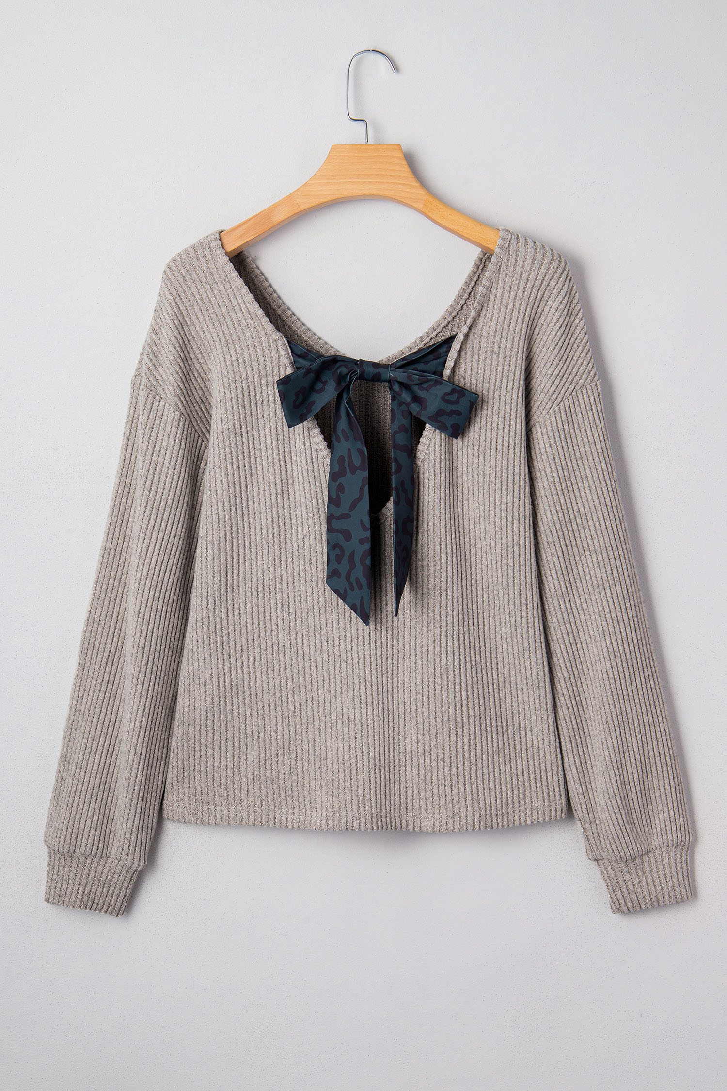 Racing Red Ribbed V Neck Contrast Ribbon Bow Back Drop Shoulder Long Sleeve Top