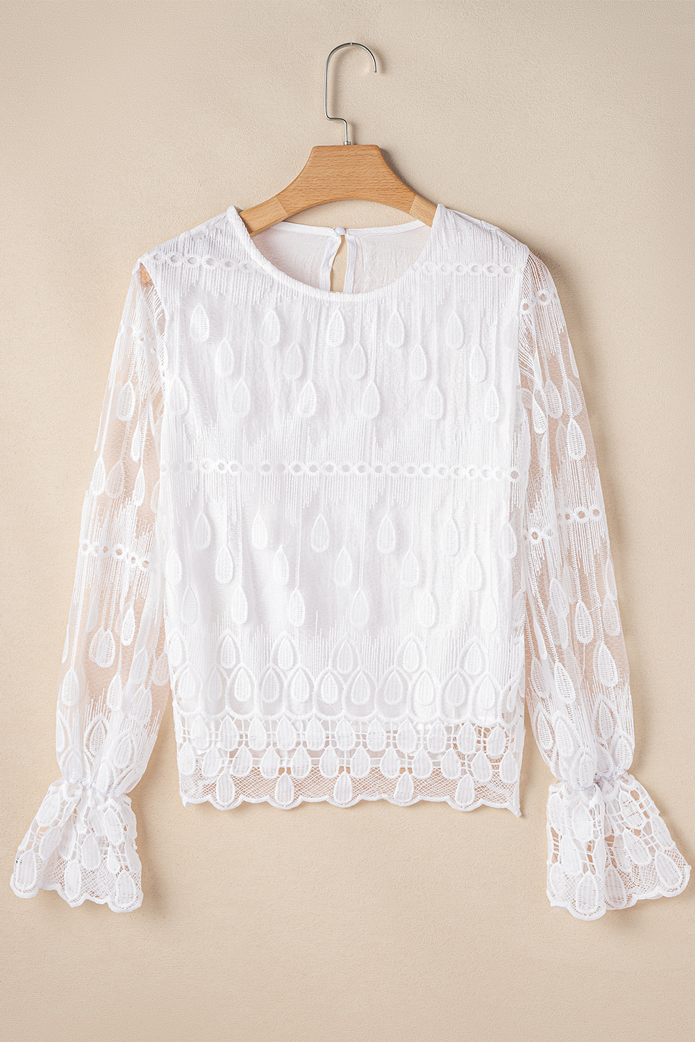 Beige Embroidered Mesh Flounce Sleeve Blouse
