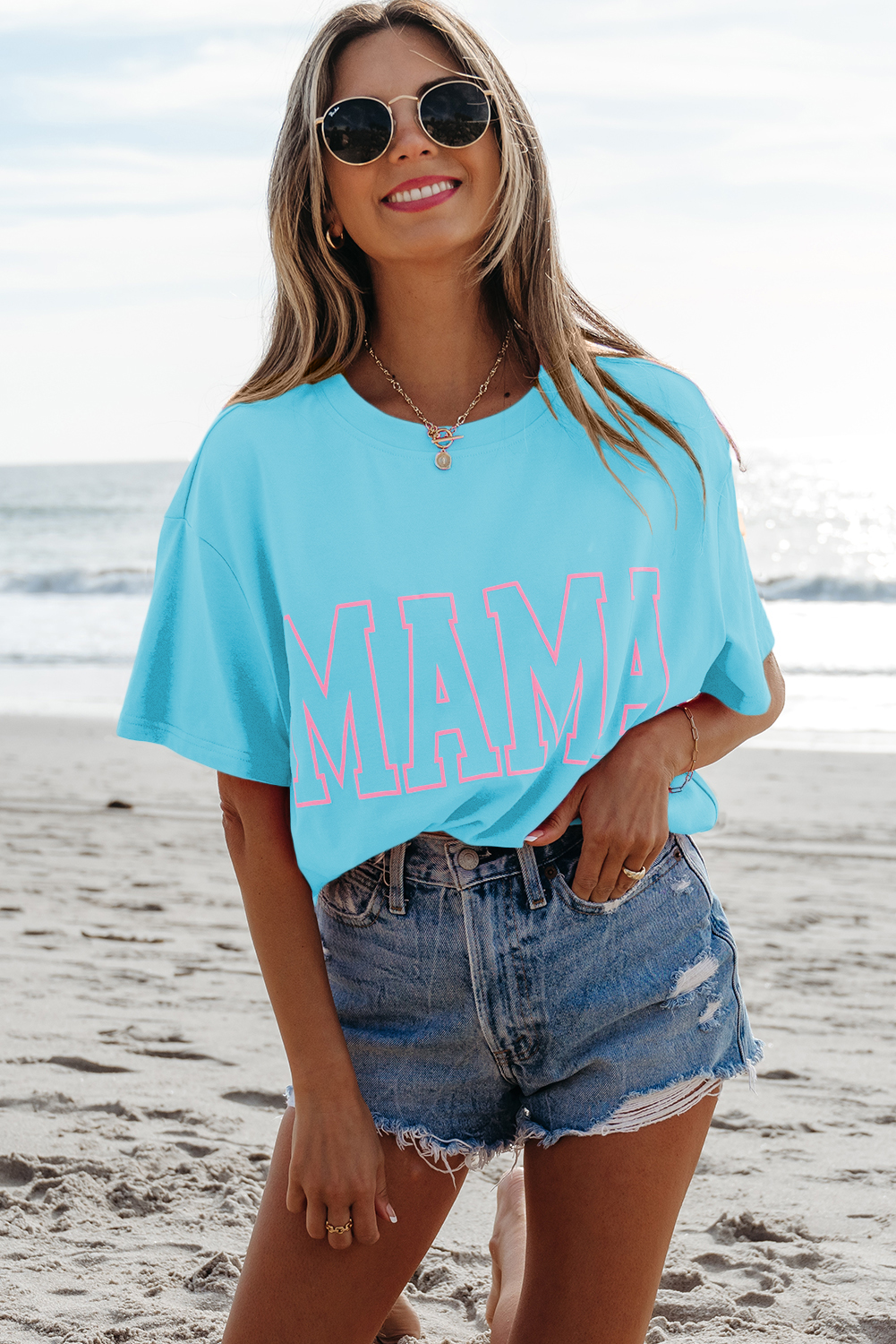 Black MAMA Letter Graphic Neon T Shirt