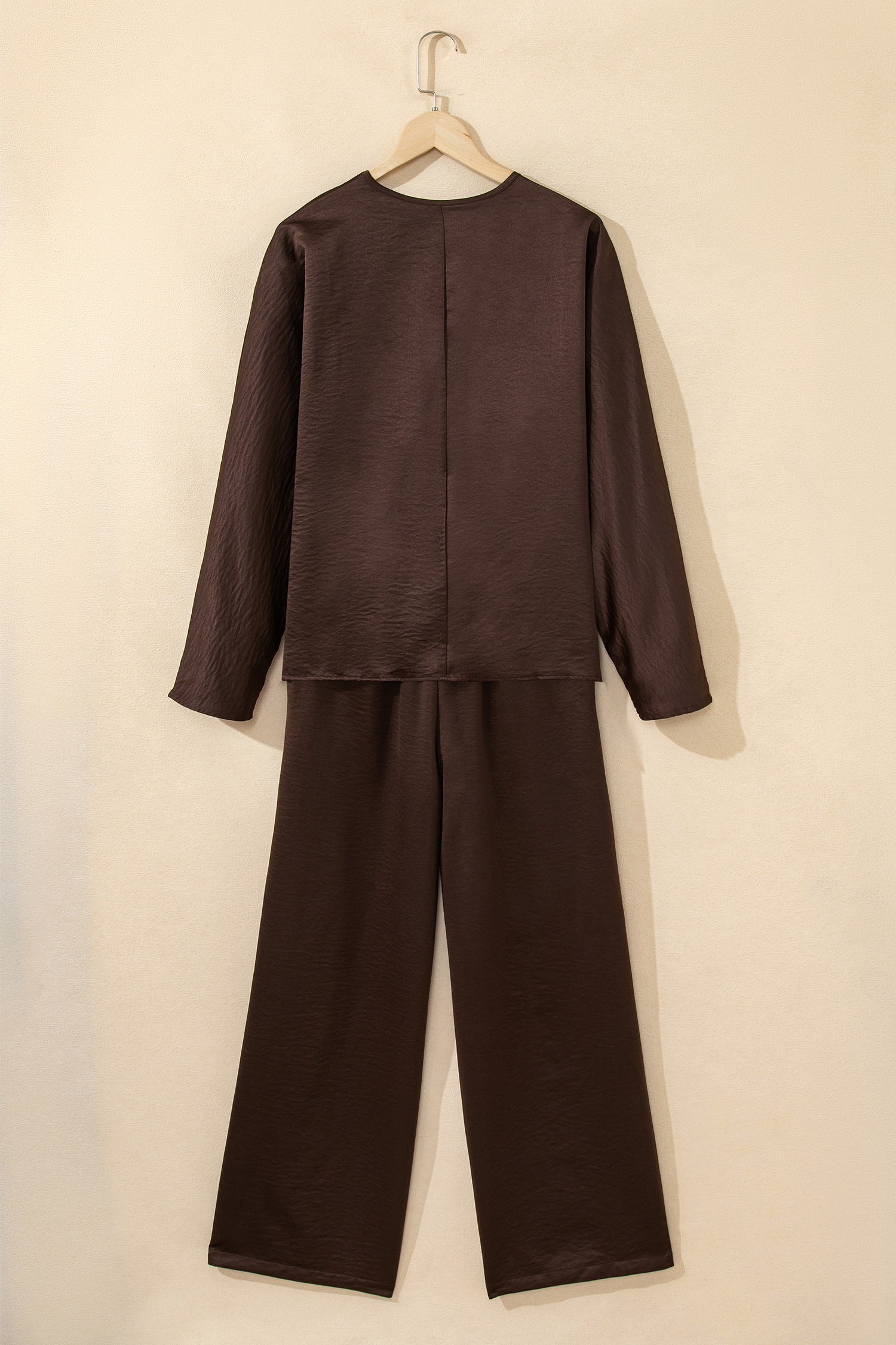 Dark Brown Braided V Neck Long Sleeve Loose Top and Drawstring High Waist Pants 2pcs Outfit